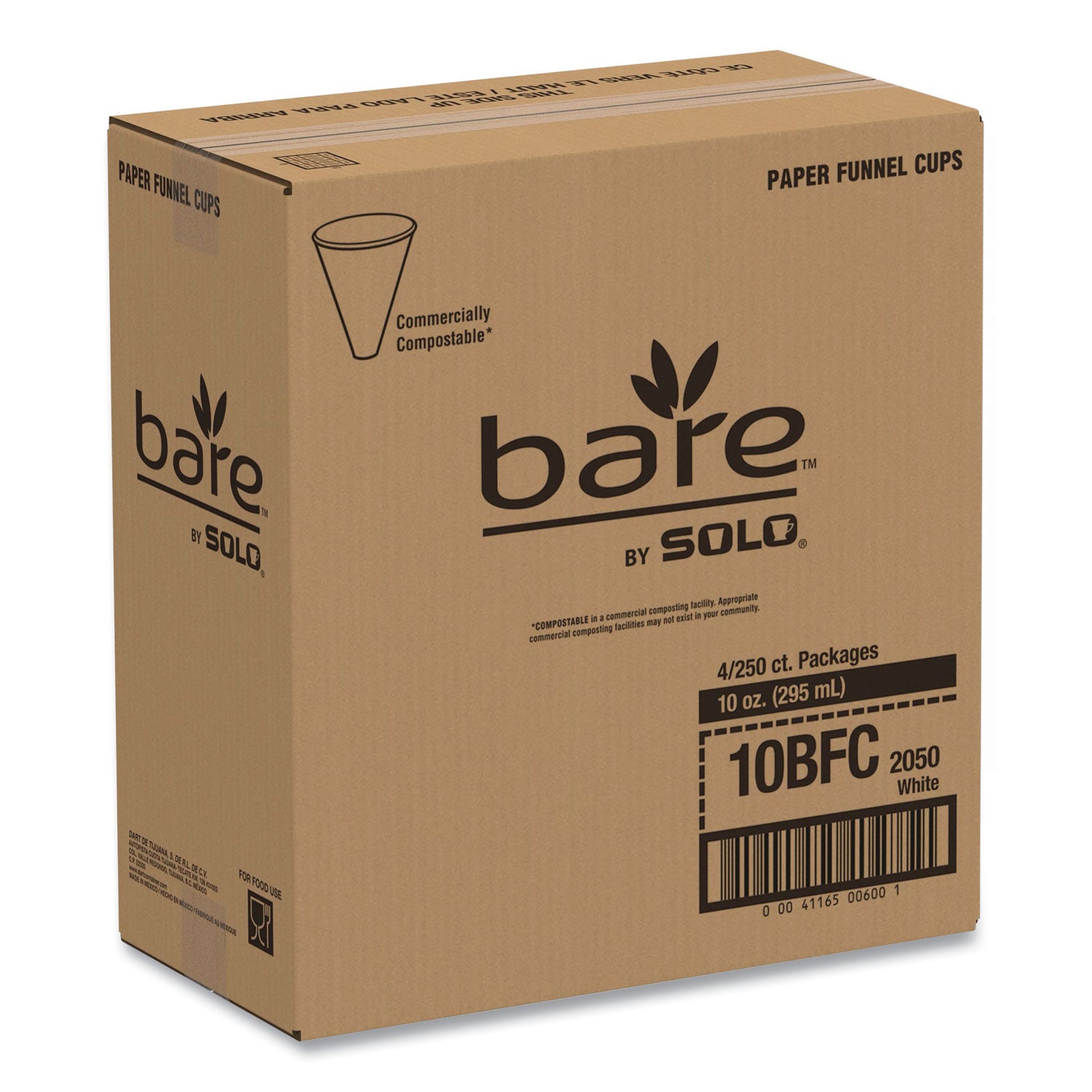 SOLO® Bare Eco-Forward Treated Paper Funnel Cups, 10 oz, White, 250/Bag, 4 Bags/Carton
