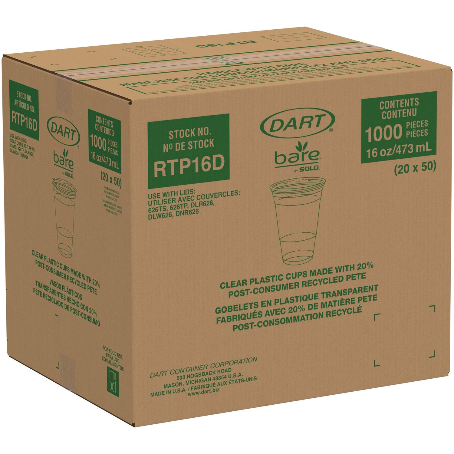 Dart® Bare Eco-Forward RPET Cold Cups, 16 oz to 18 oz, Plastic, Leaf Design, Clear, 50/Pack, 20 Packs/Carton