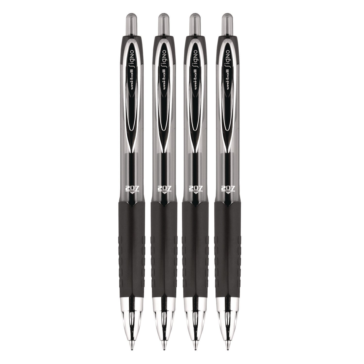 uniball® Signo 207 Gel Pen, Retractable, Fine 0.5 mm, Black Ink, Smoke/Black Barrel, 4/Pack