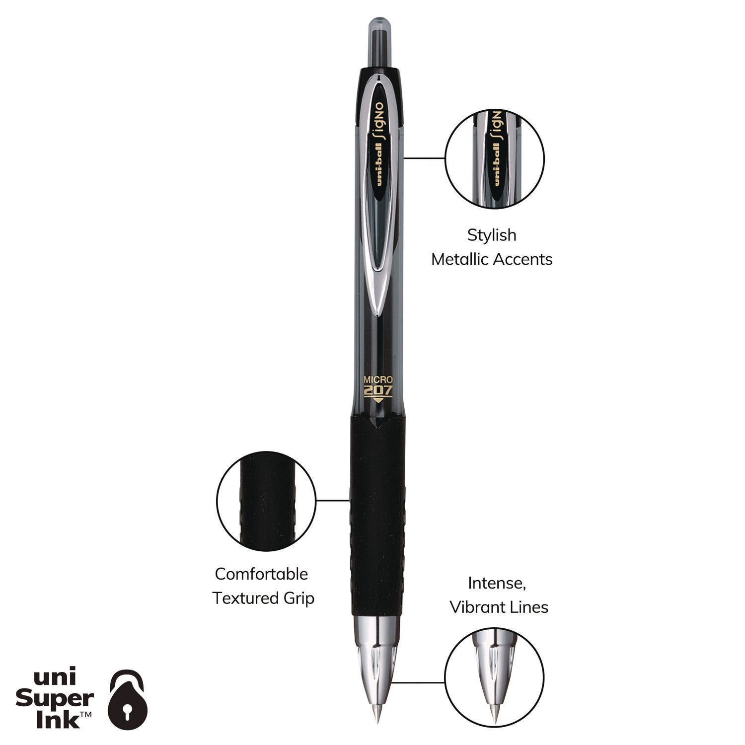 uniball® Signo 207 Gel Pen, Retractable, Fine 0.5 mm, Black Ink, Smoke/Black Barrel, 4/Pack