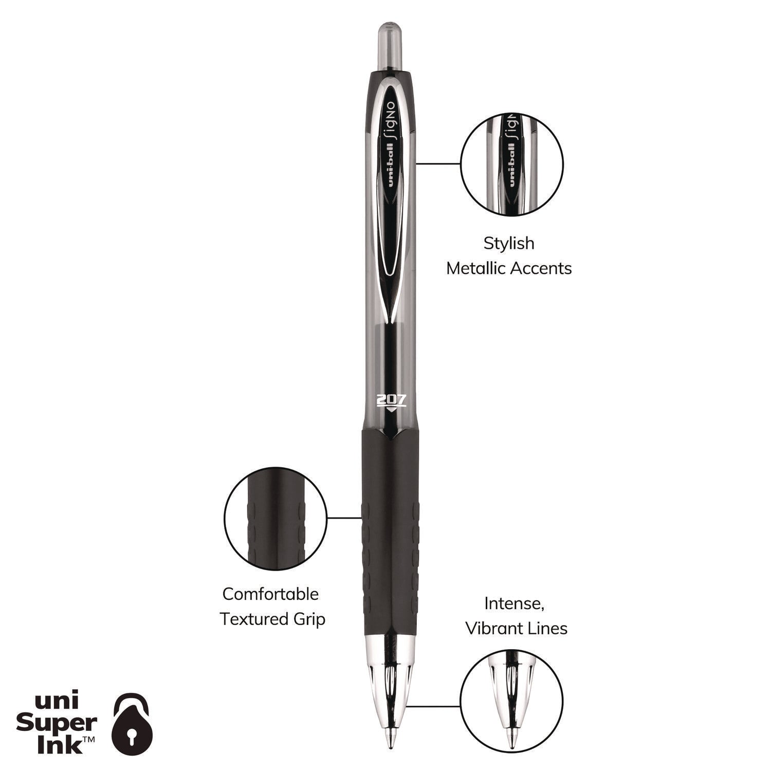 uniball® Signo 207 Gel Pen, Retractable, Medium 0.7 Mm, Black Ink, Smoke/black Barrel, Dozen