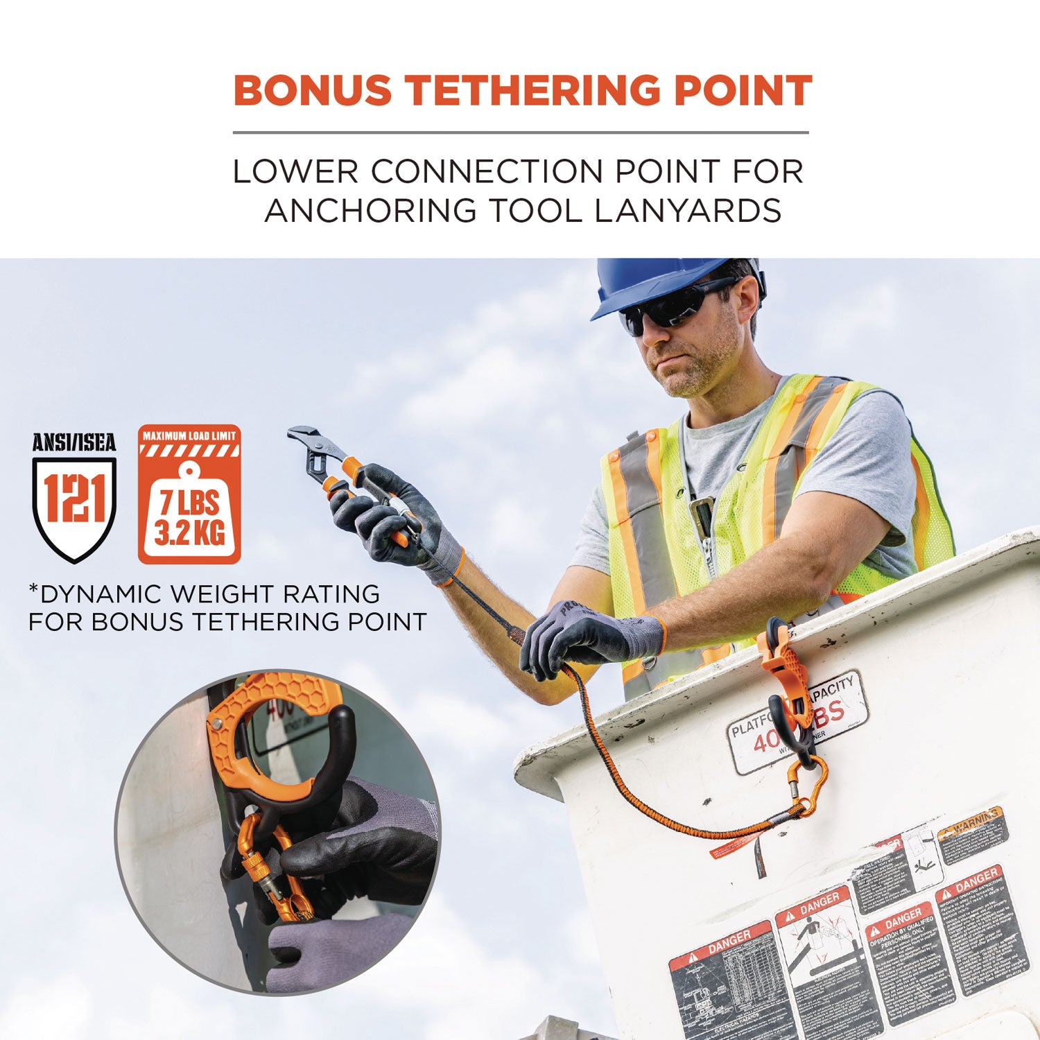 ergodyne® Squids 3178 Locking Aerial Bucket Hook, Tethering Point, 8.27 x 6.69 x 2.17, Black/Orange, Supports 40 lbs