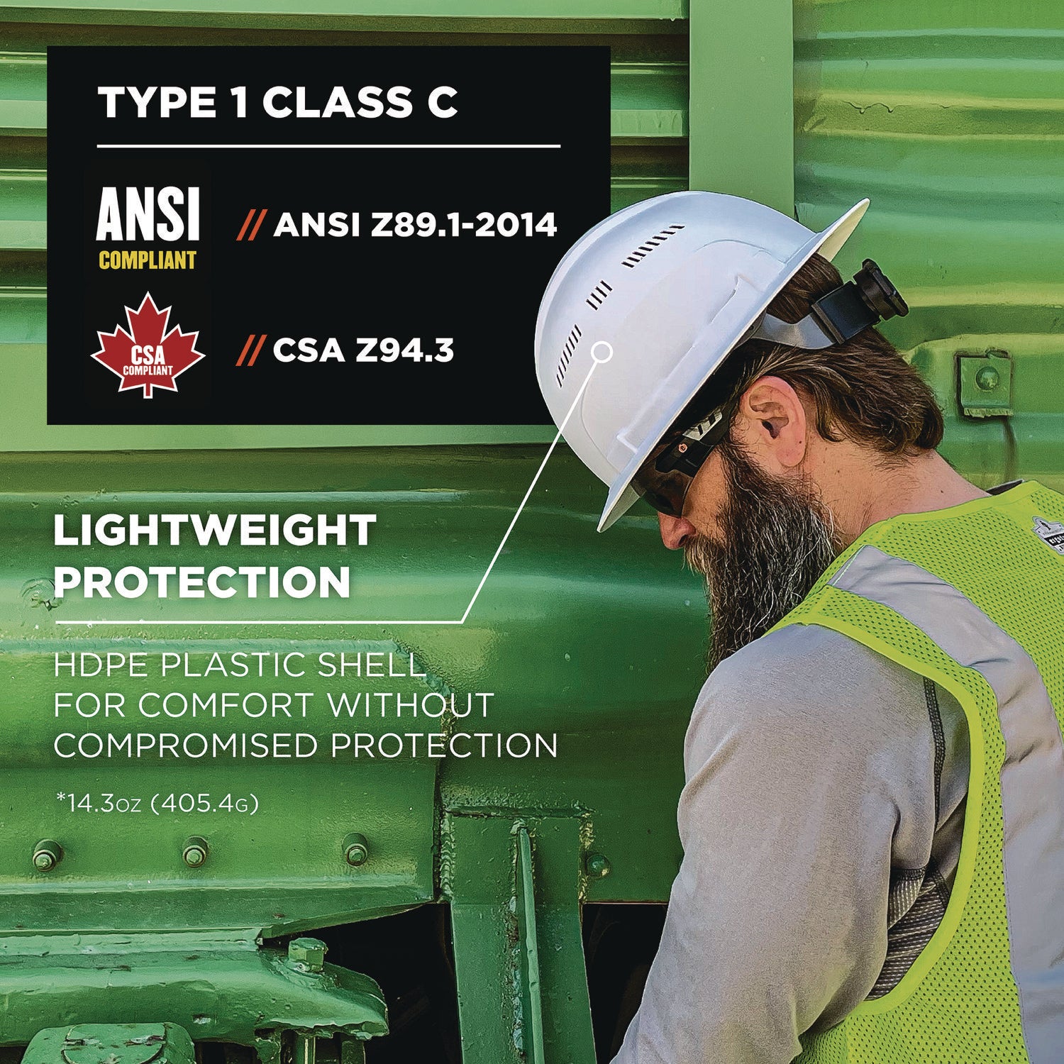 ergodyne® Skullerz 8968 Class C Lightweight Full Brim Hard Hat, Adjustable Venting, 6-Point Rachet Suspension, White