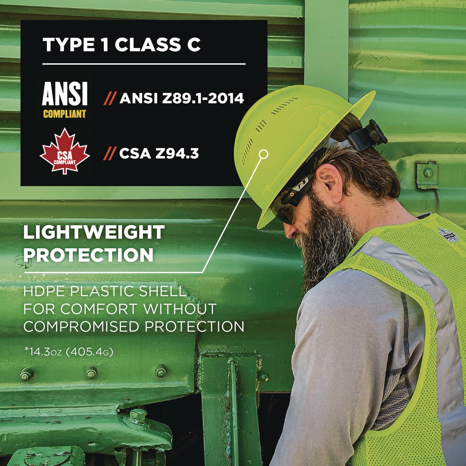 ergodyne® Skullerz 8968 Class C Lightweight Full Brim Hard Hat, Adjustable Venting, 6-Point Rachet Suspension, Lime