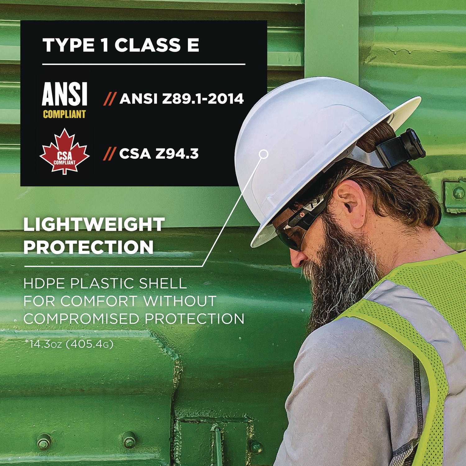 ergodyne® Skullerz 8969 Class E Lightweight Full Brim Hard Hat, 6-Point Rachet Suspension, White