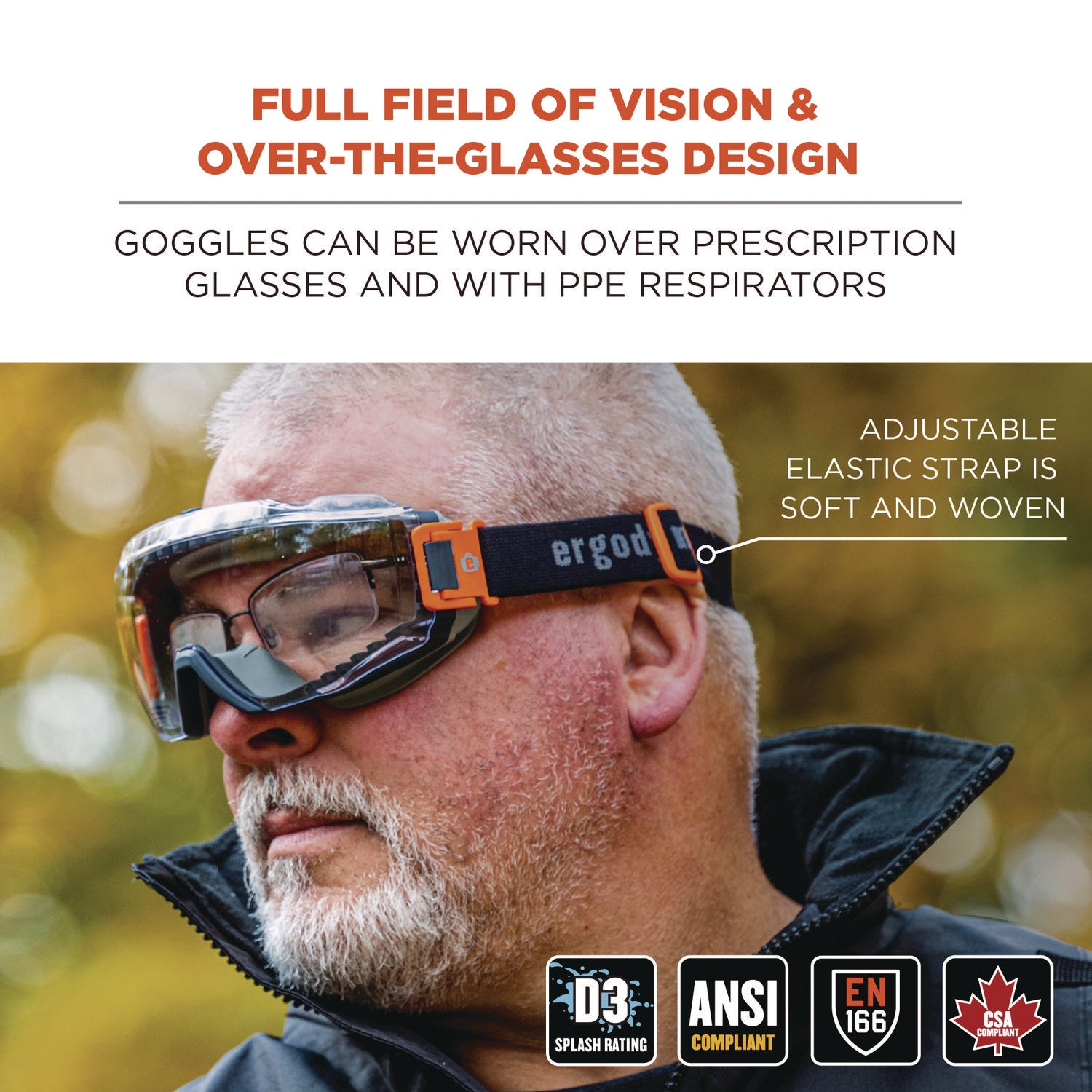 ergodyne® Skullerz MODI OTG Anti-Scratch and Enhanced Anti-Fog Safety Goggles with Elastic Strap, Clear Lens