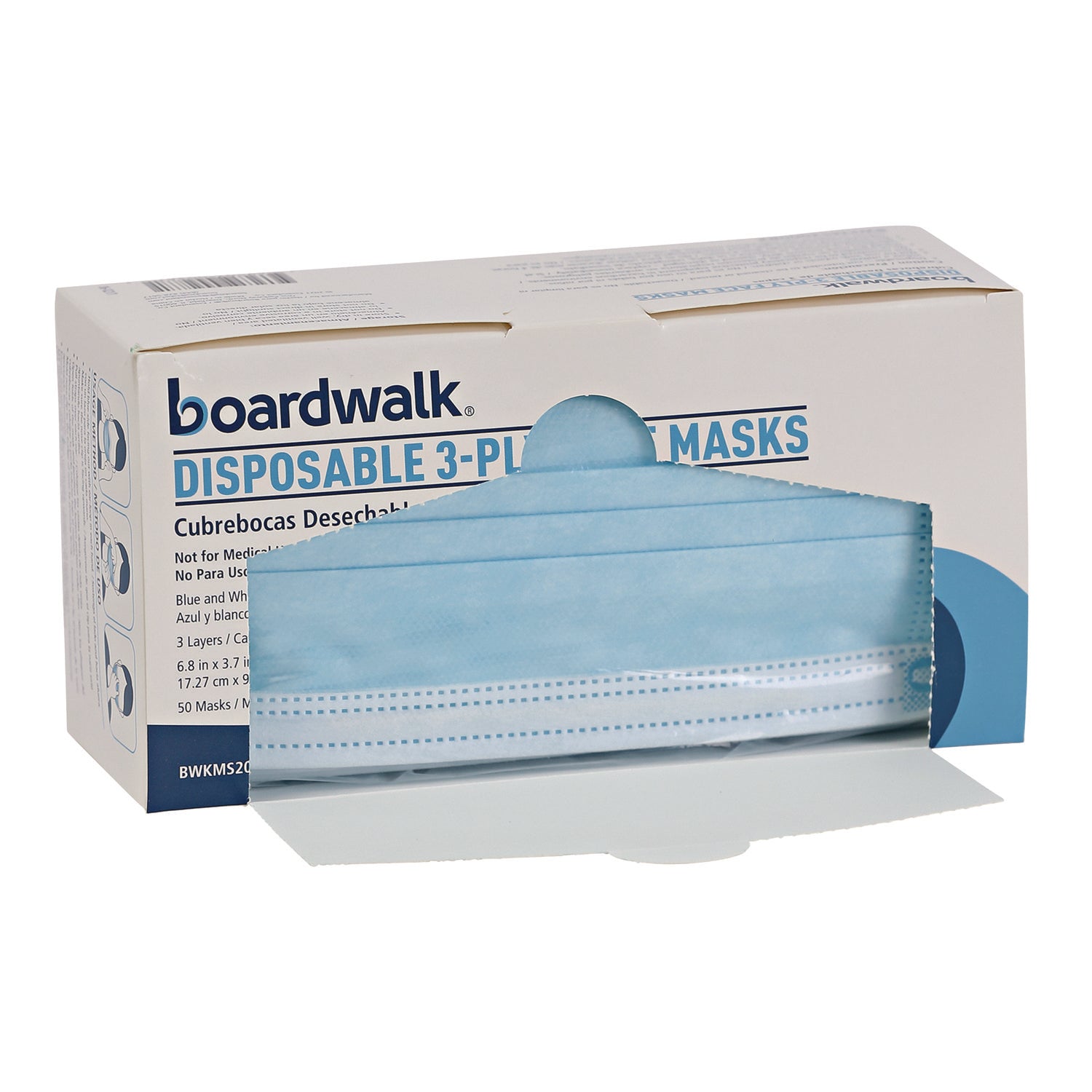 Boardwalk® Three-Ply General Use Face Mask, Blue, 50/box, 40 Boxes/carton