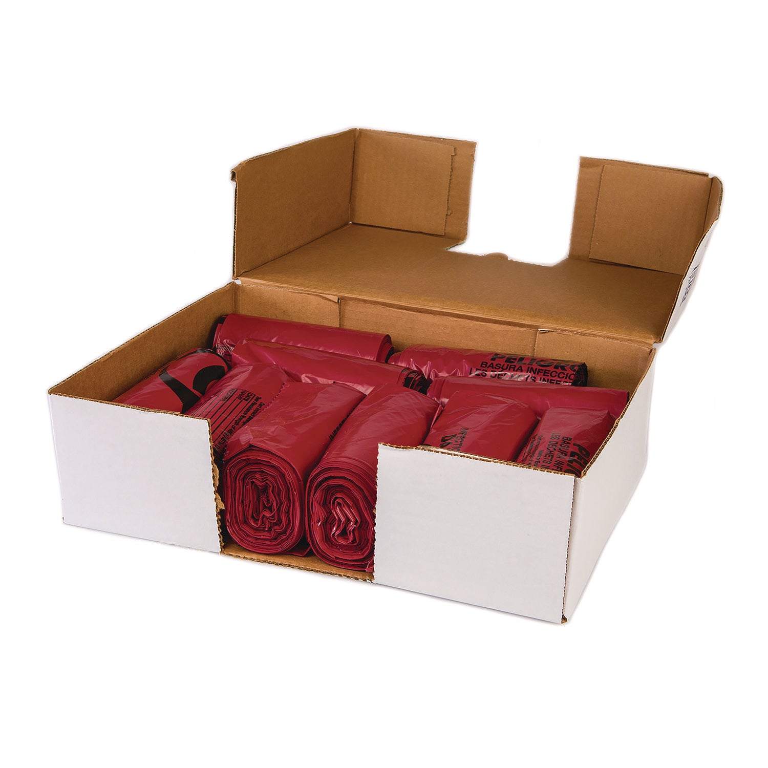 Inteplast Group Institutional Low-Density Can Liners, Infectious Waste Biohazard, 10 gal, 1.3 mil, 24 x 23, Red, Interleaved, 25/RL, 10 RL/CT