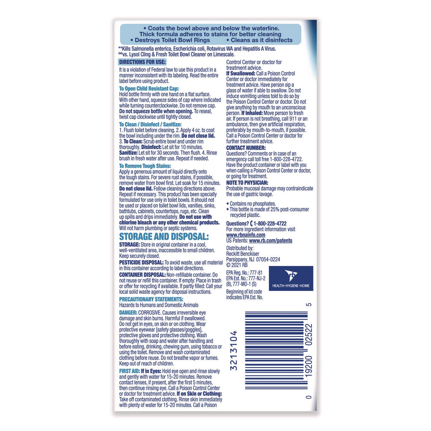 LYSOL® Brand Disinfectant Toilet Bowl Cleaner, Atlantic Fresh, 24 oz Bottle, 9/Carton