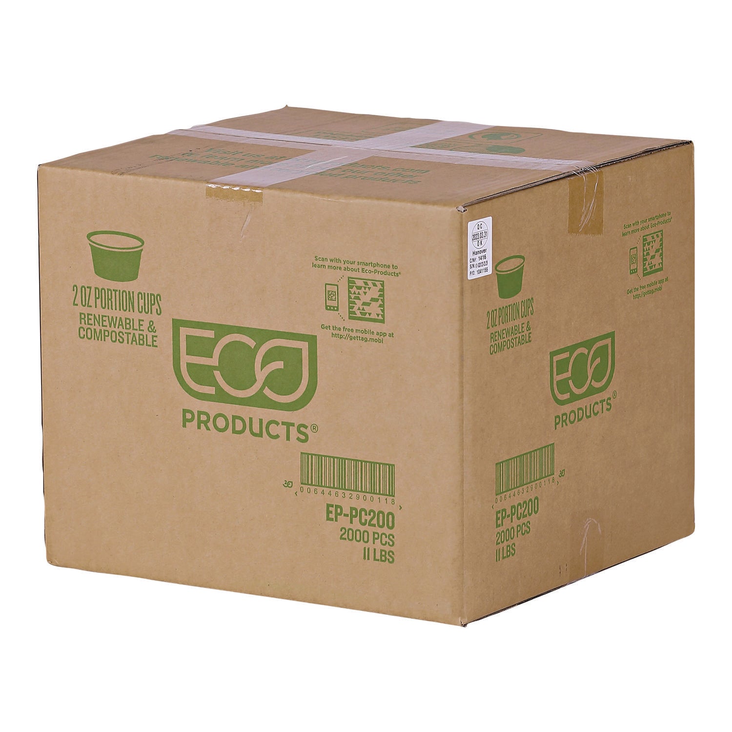 Eco-Products® Renewable and Compostable Portion Cups, 2 oz, Plastic, Clear, 100/Pack, 20 Packs/Carton