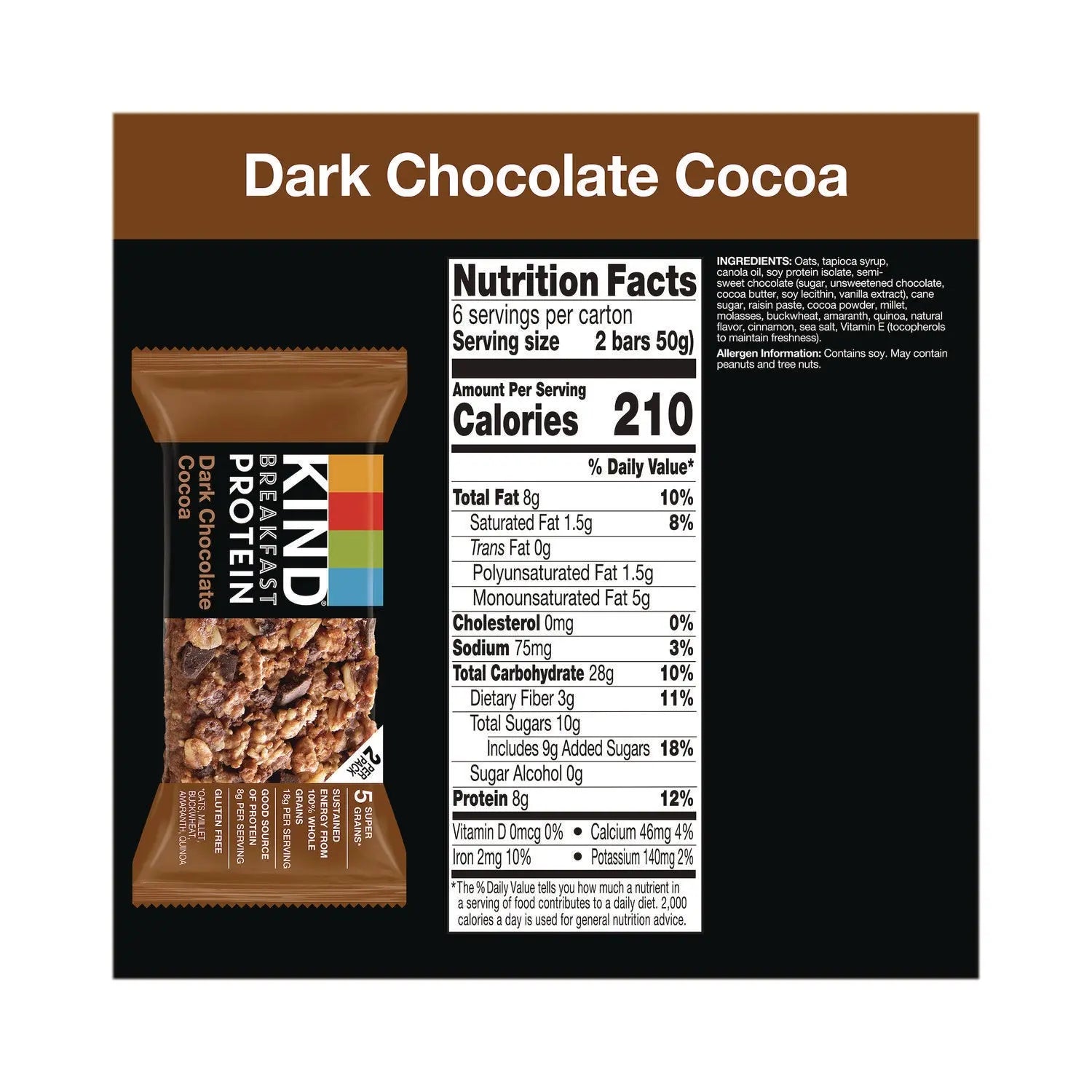 Breakfast Protein Bars, Dark Chocolate Cocoa, 1.76 oz Two-Bar Packs, 6/Box KIND Flipcost