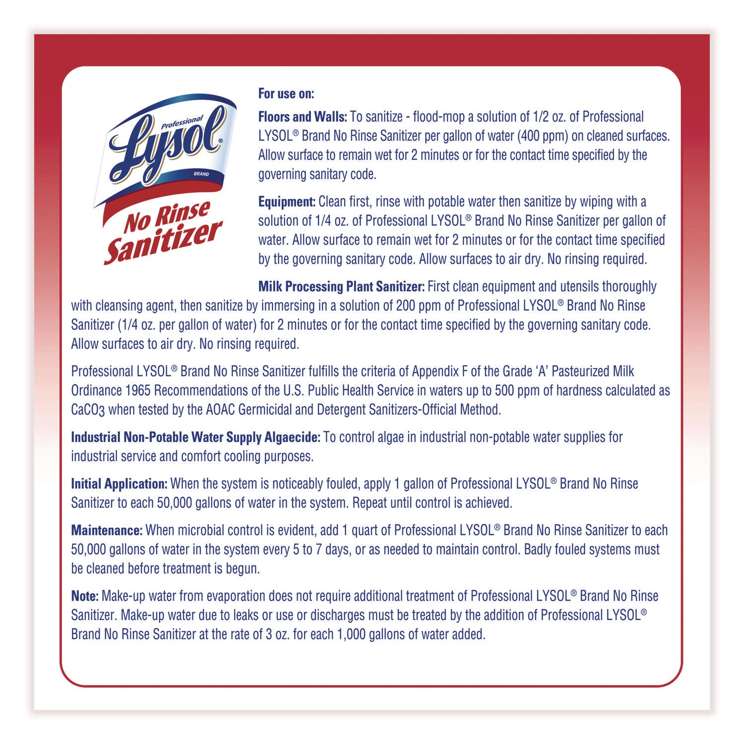 Professional LYSOL® Brand No Rinse Sanitizer Concentrate, 1 Gal Bottle, 4/carton