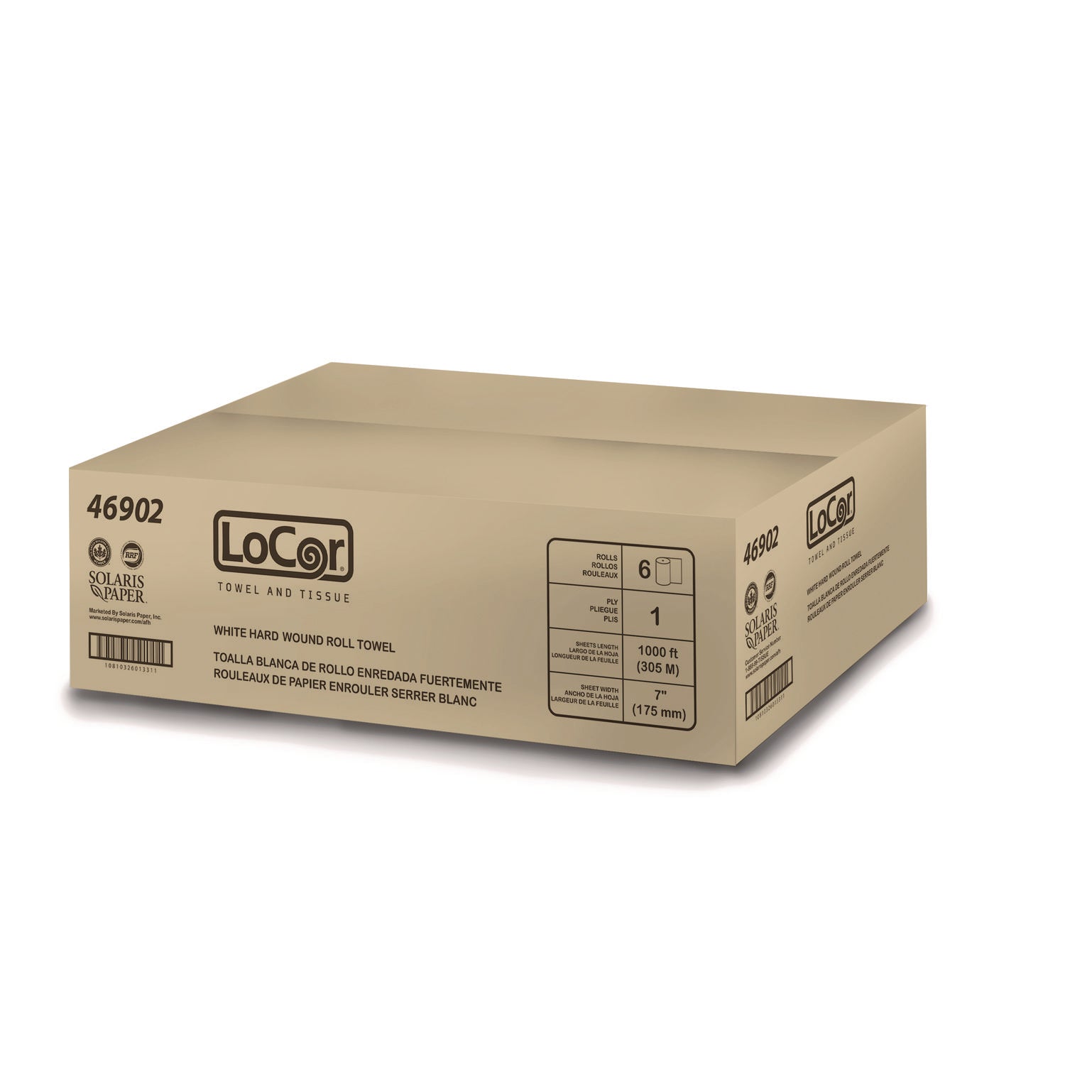 LoCor® Hard Wound Roll Towel. 1-Ply, 7" x 1,000 ft, White, 6 Rolls/Carton