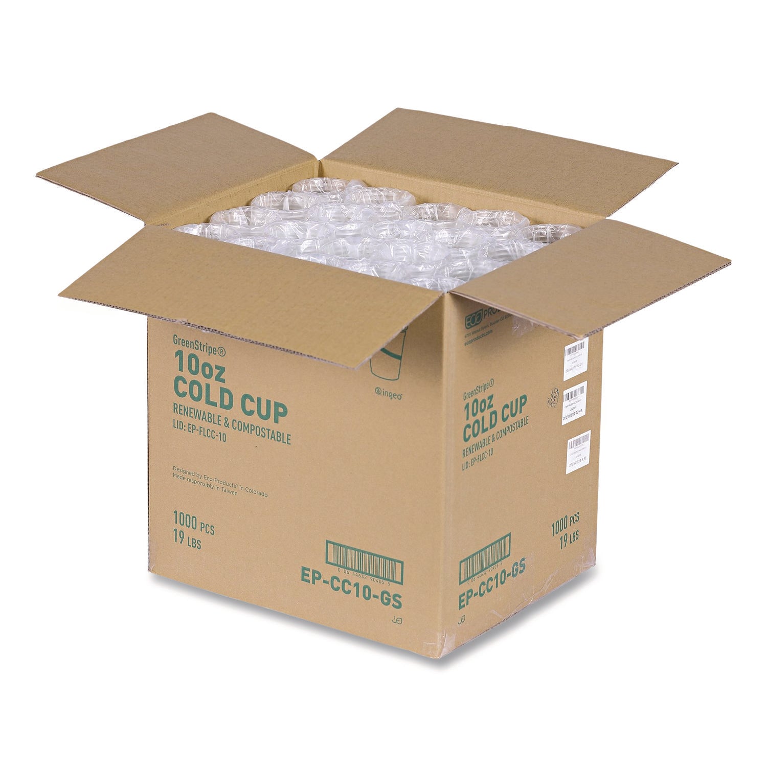 Eco-Products® GreenStripe PLA Cold Cups, 10 oz, Plastic, Clear, 1,000/Carton