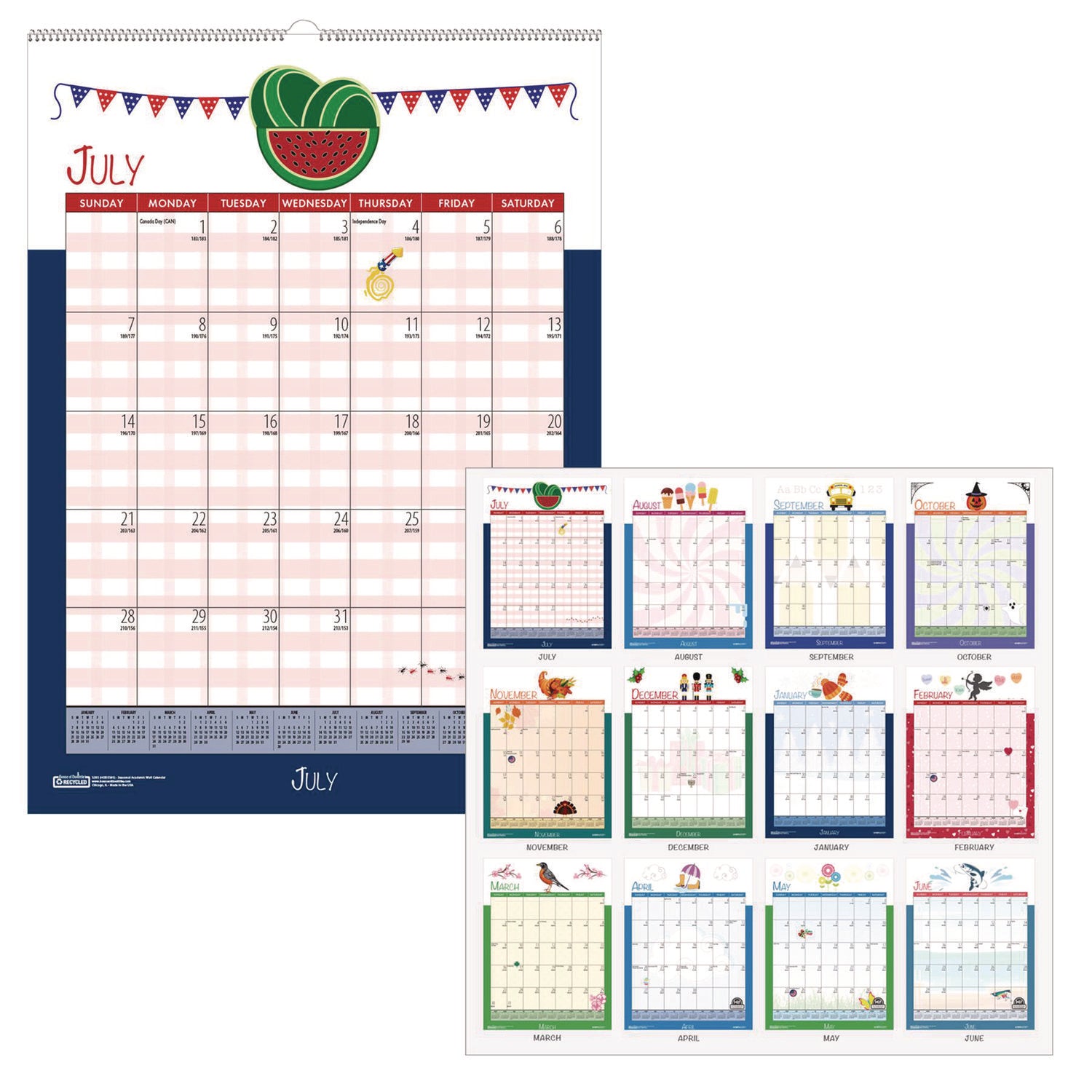 Academic Year Recycled Seasonal Wall Calendar, Illustrated Seasons Artwork, 12 x 16.5, 12-Month (July to June): 2024 to 2025