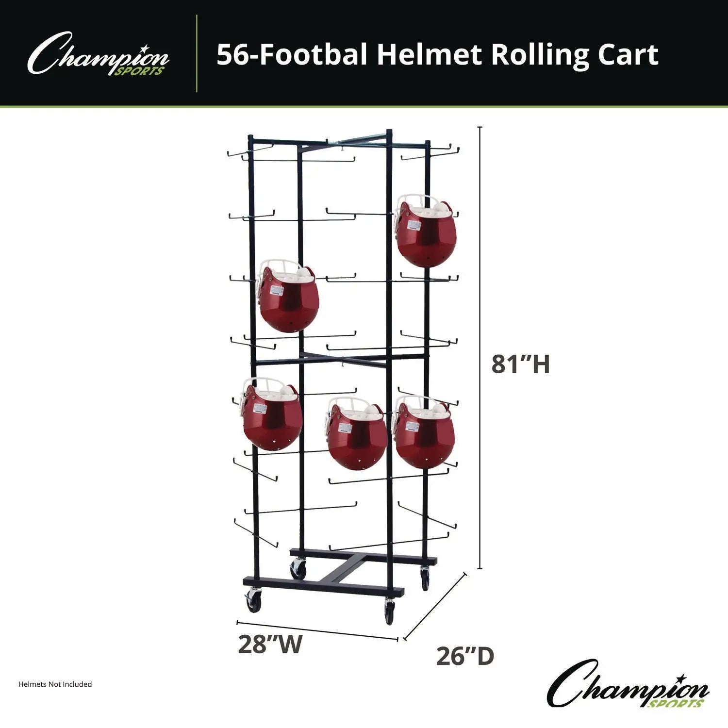 56 Football Helmet Rolling Rack, 26" x 28" x 81", Black Champion Sports Flipcost