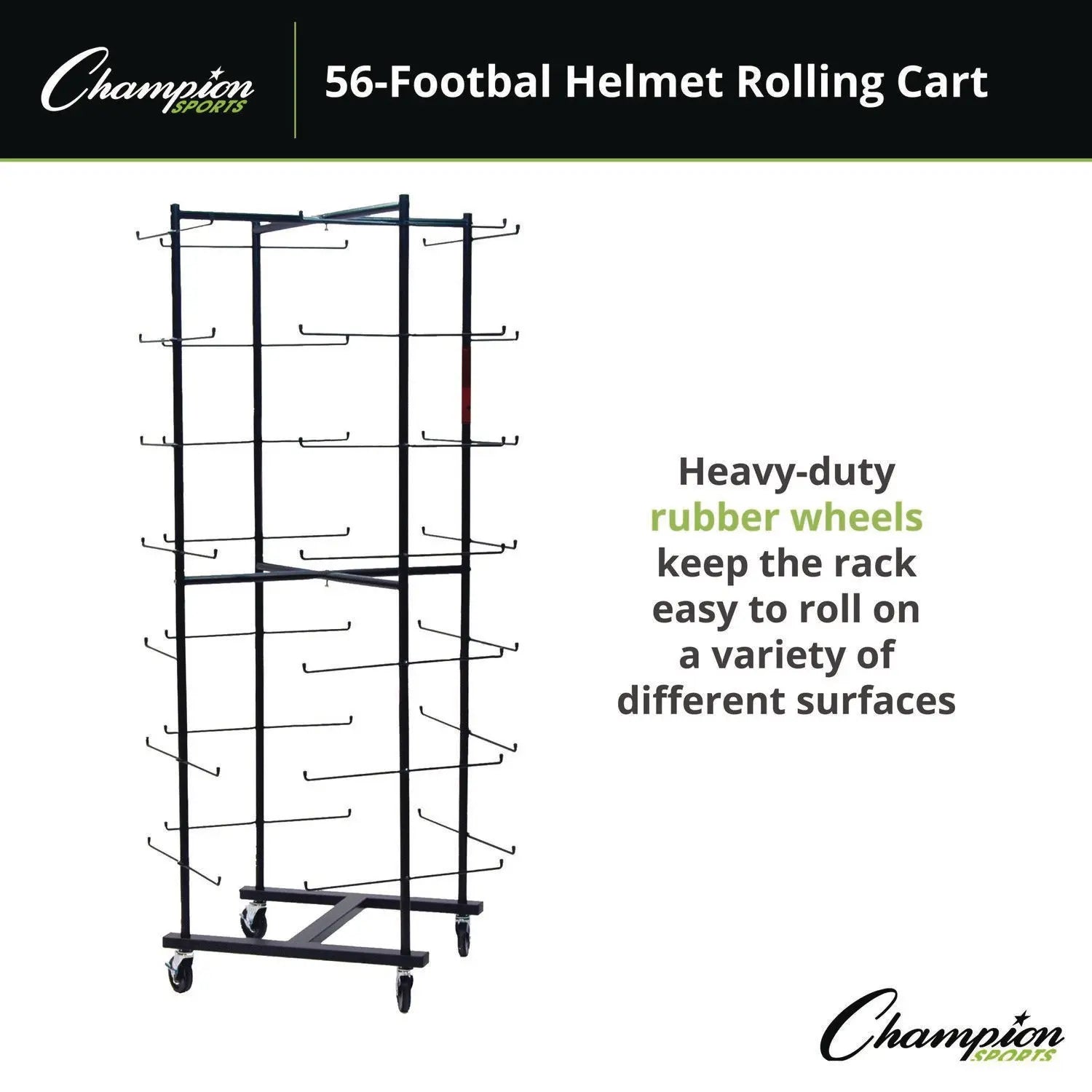 56 Football Helmet Rolling Rack, 26" x 28" x 81", Black Champion Sports Flipcost