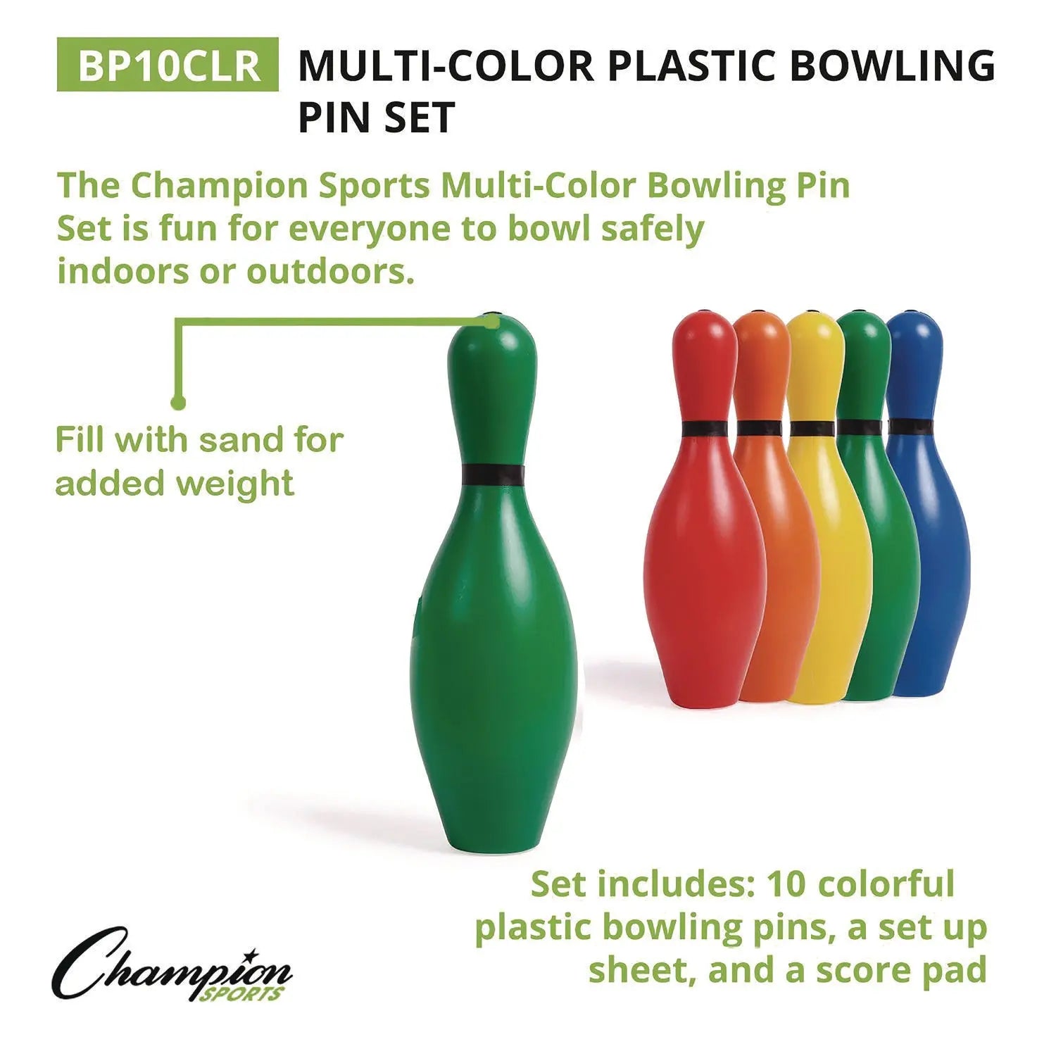 Plastic Bowling Pin Set, Assorted Colors, 10/Set Champion Sports Flipcost