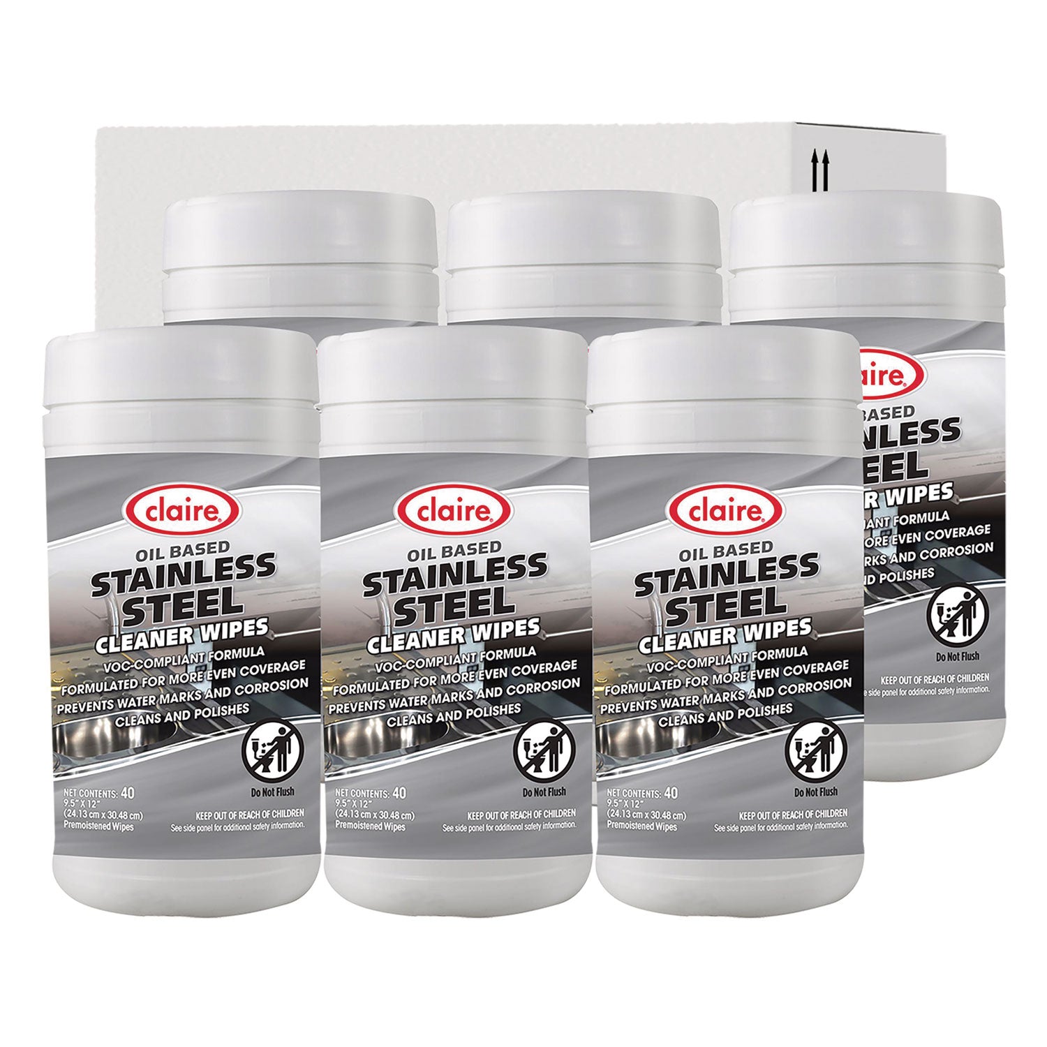 Claire® Stainless Steel Cleaner Wipes, 9.5 x 12, Citrus, Purple, 40 Wipes/Canister, 6 Canisters/Carton