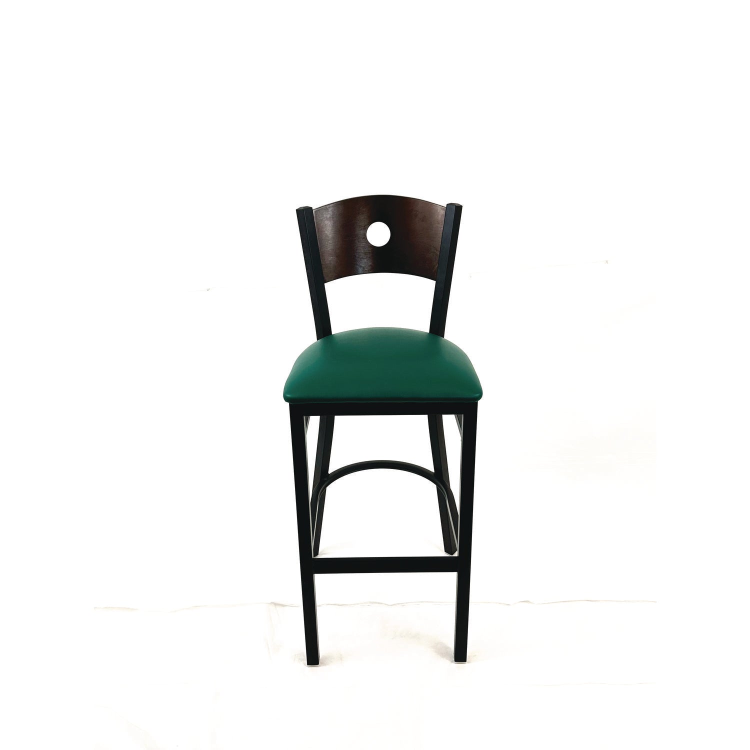 JMC Furniture Circle Series Barstool, Supports Up to 300 lb, 28.5" Seat Height, Green Seat, Dark Walnut Back, Black Base