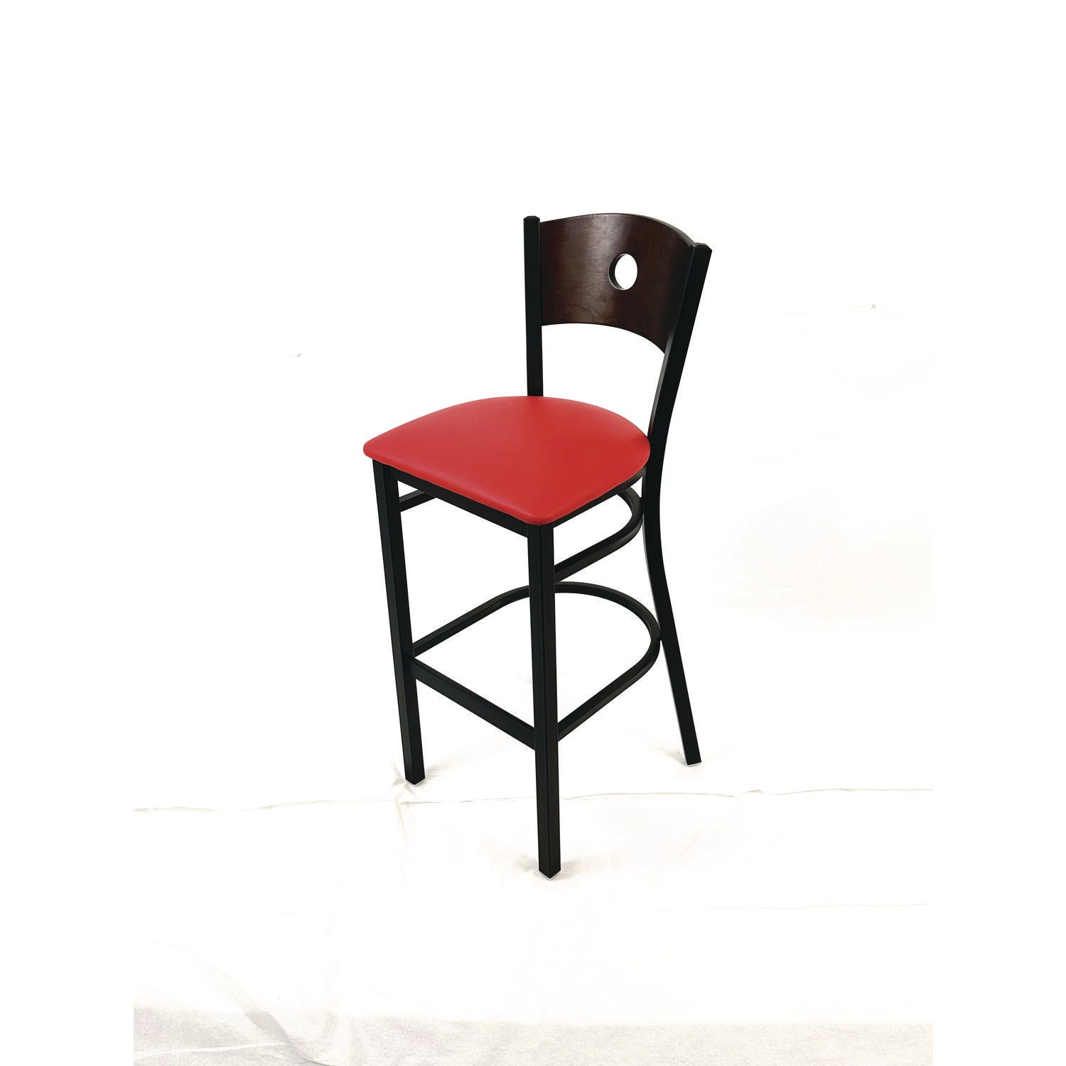 JMC Furniture Circle Series Barstool, Supports Up to 300 lb, 28.5" Seat Height, Red Seat, Dark Walnut Back, Black Base