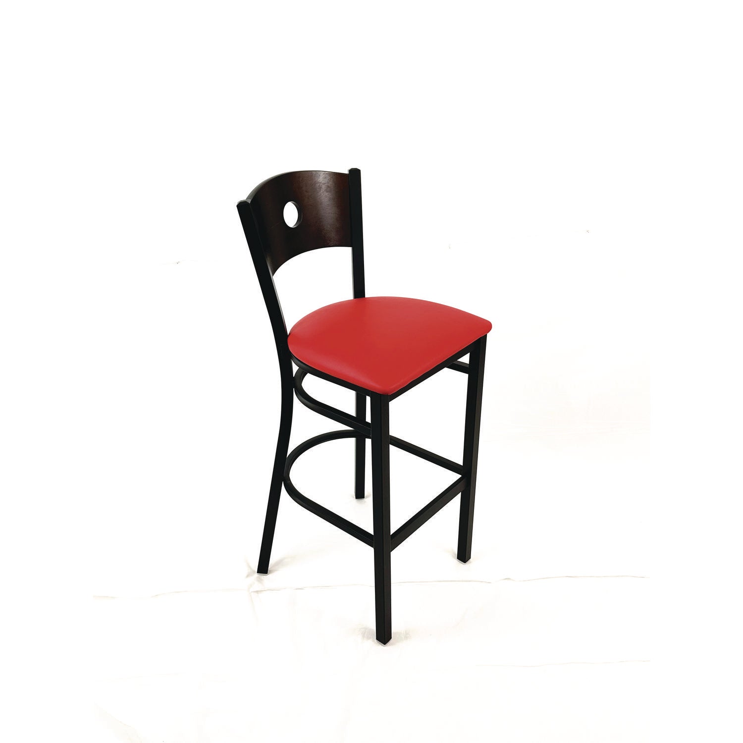 JMC Furniture Circle Series Barstool, Supports Up to 300 lb, 28.5" Seat Height, Red Seat, Dark Walnut Back, Black Base