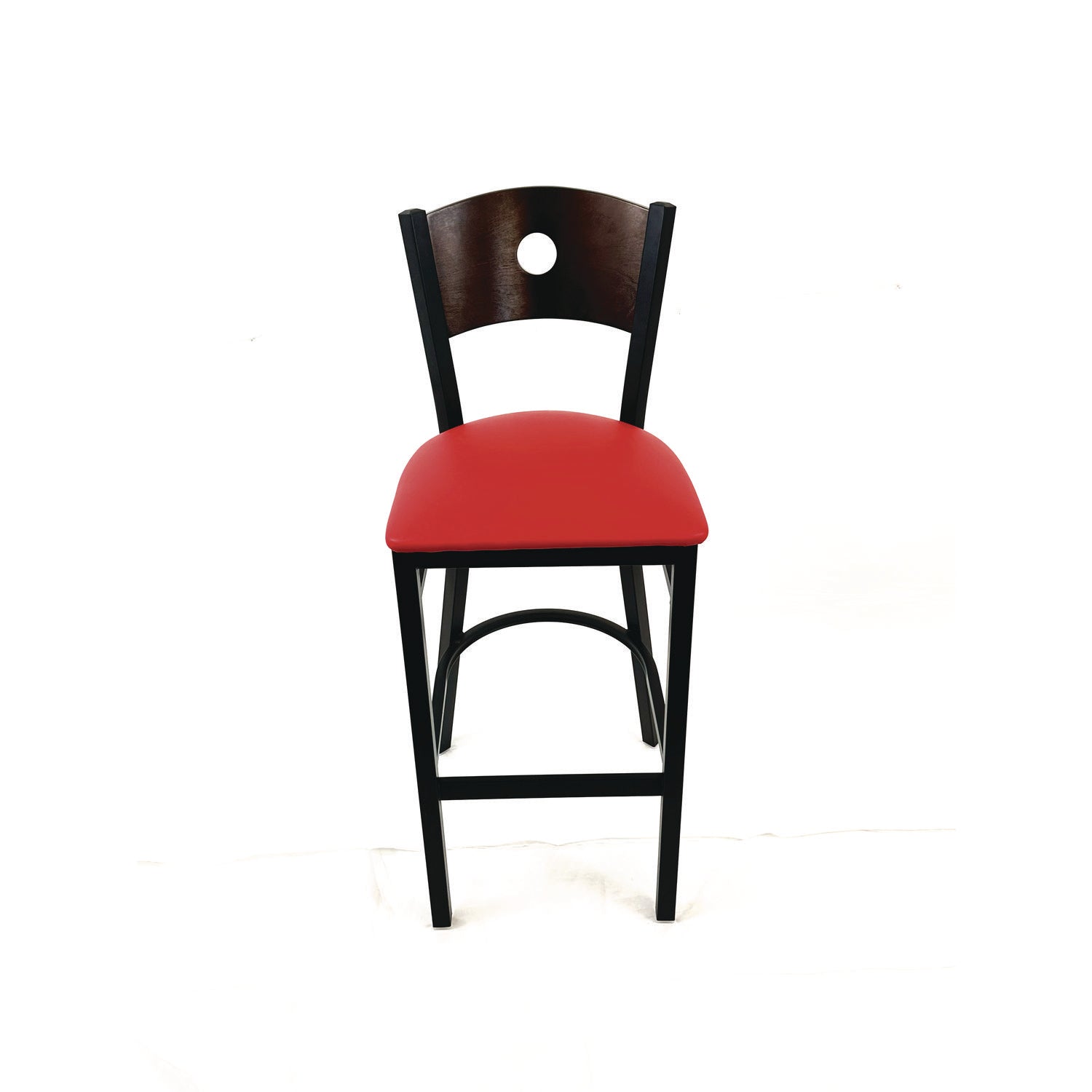 JMC Furniture Circle Series Barstool, Supports Up to 300 lb, 28.5" Seat Height, Red Seat, Dark Walnut Back, Black Base