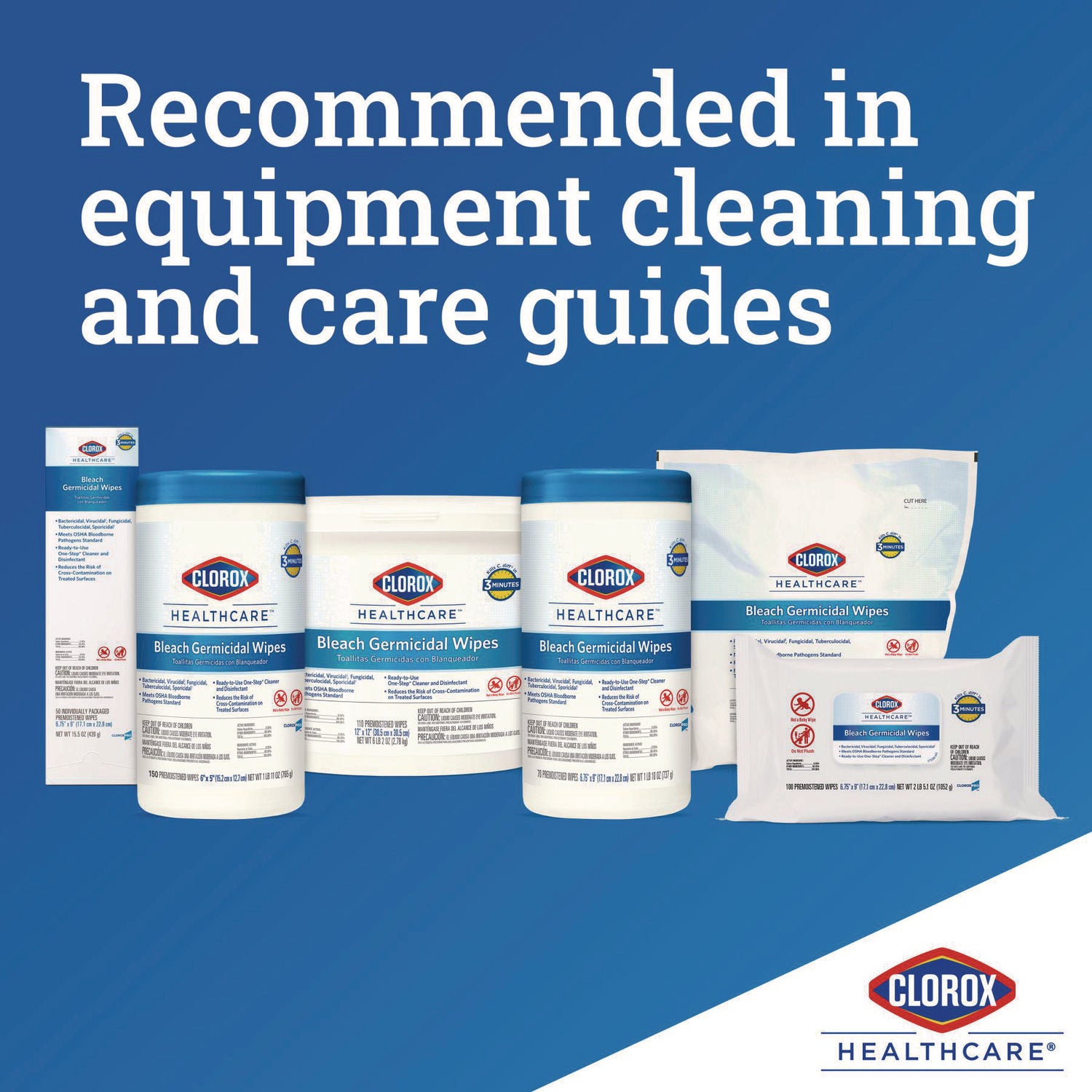 Clorox Healthcare® Bleach Germicidal Wipes, 1-Ply, 6.75 x 9, Unscented, White, 50/Box, 6 Boxes/Carton