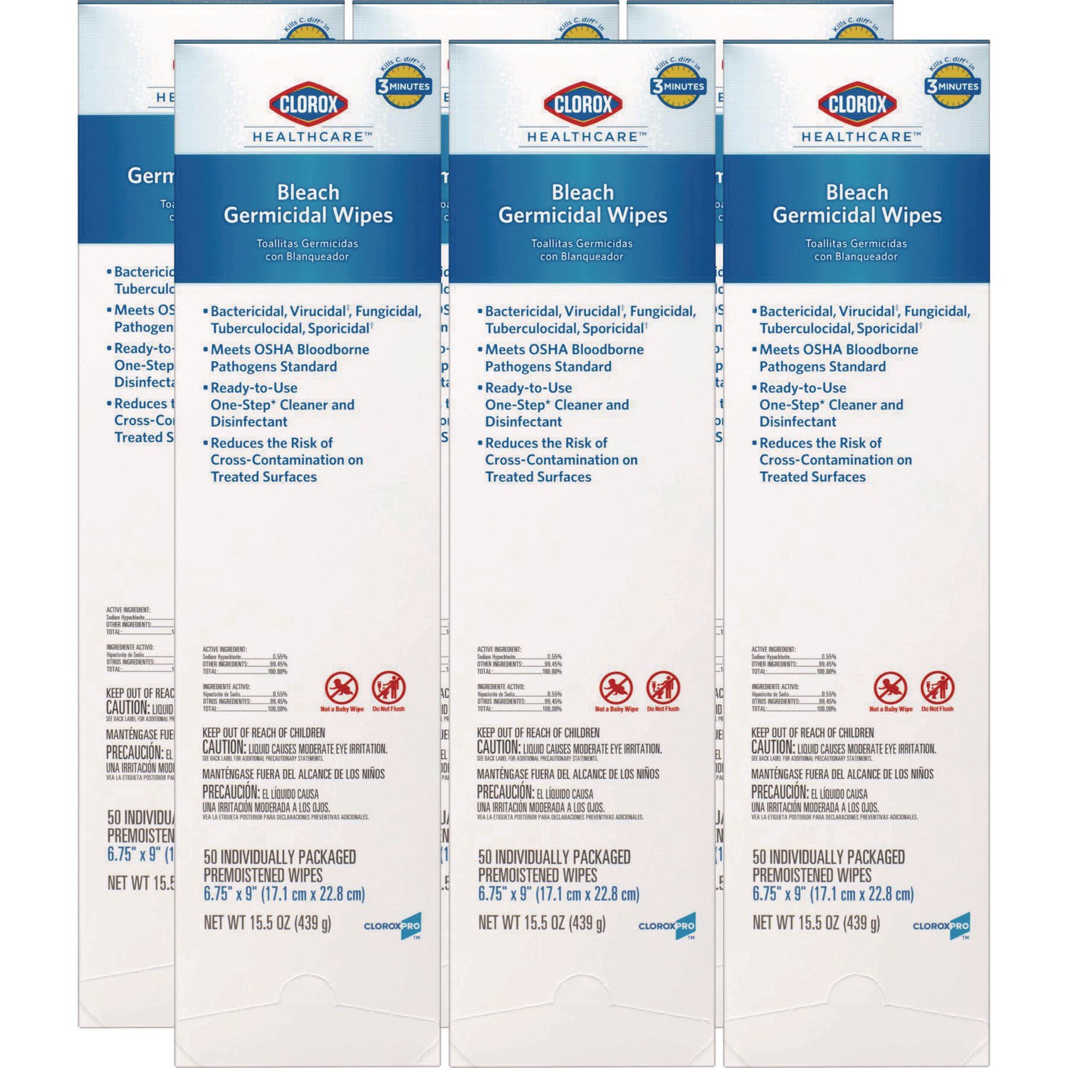 Clorox Healthcare® Bleach Germicidal Wipes, 1-Ply, 6.75 x 9, Unscented, White, 50/Box, 6 Boxes/Carton