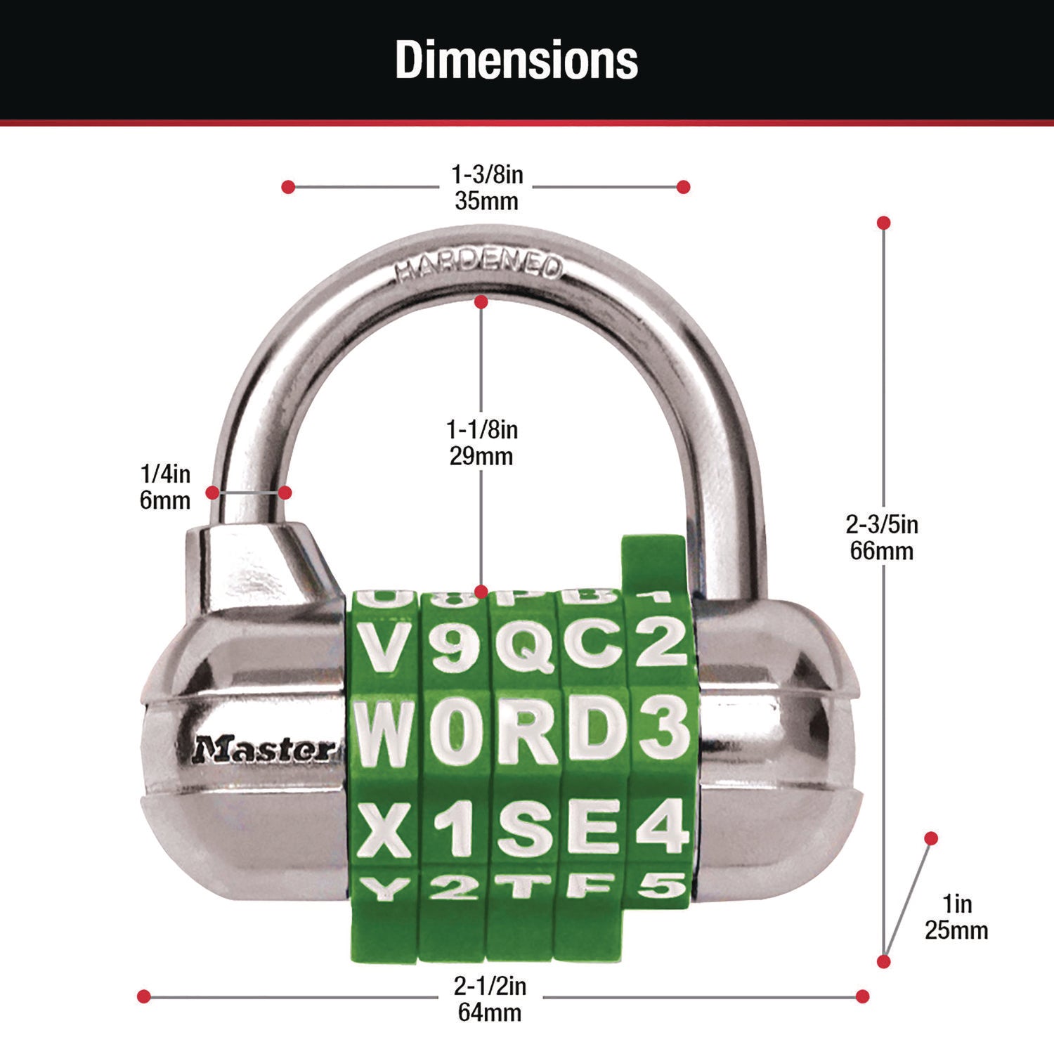 Master Lock® Password Plus Combination Lock, Hardened Steel Shackle, 2.5" Wide, Chrome/Assorted