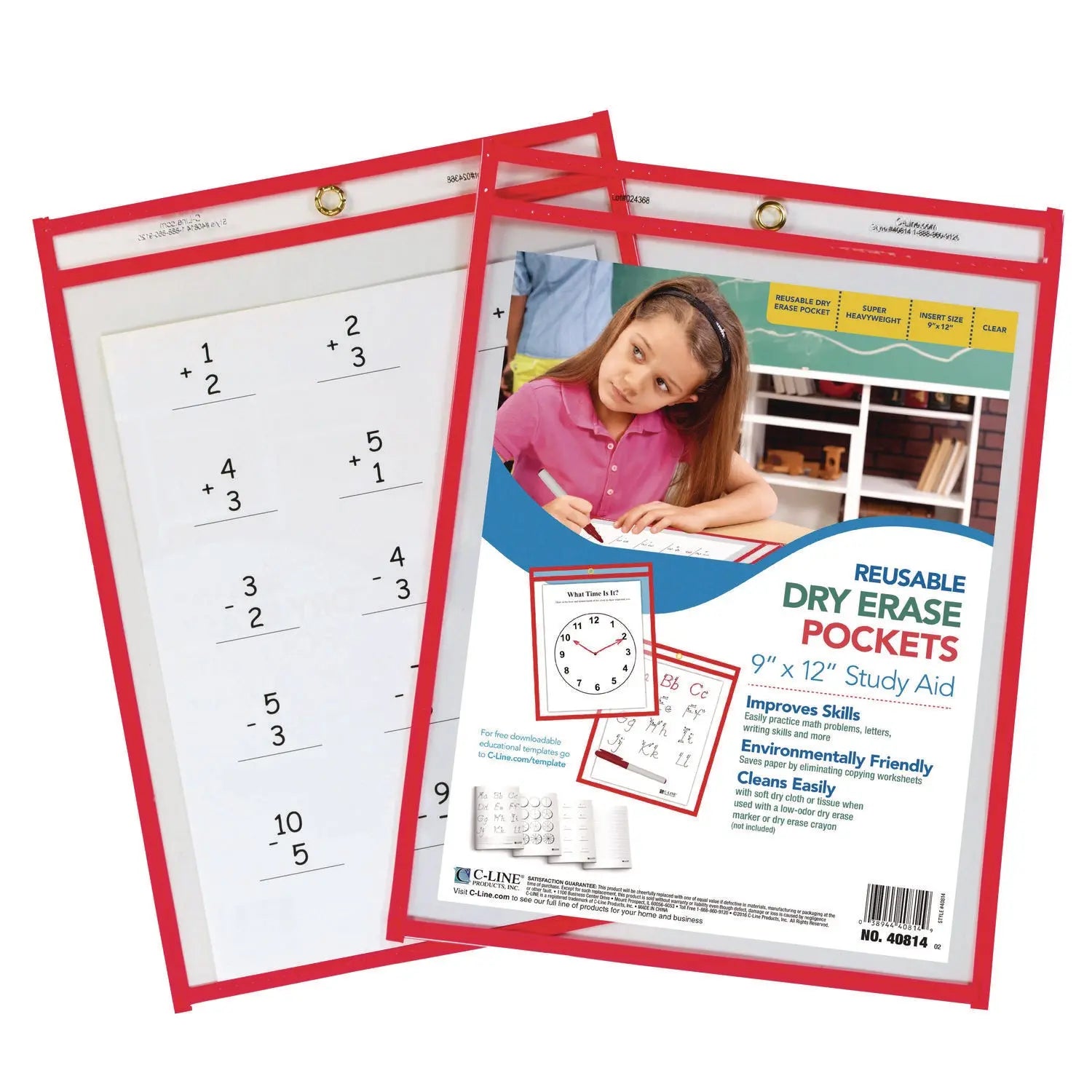 Reusable Dry Erase Pockets, 9 x 12, Neon Red, 30/Pack