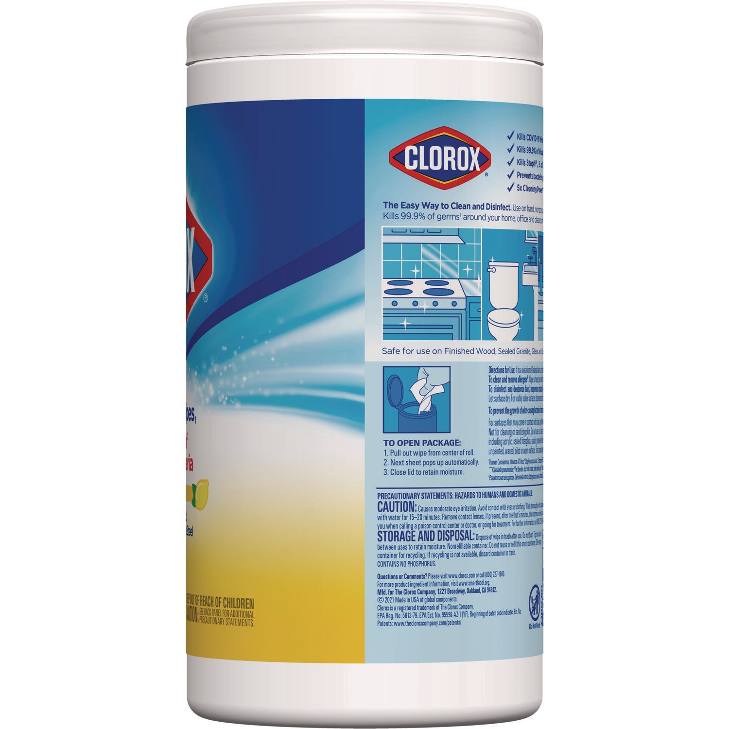 Clorox® Disinfecting Wipes, 1-Ply, 7 x 7.75, Crisp Lemon, White, 75/Canister, 6 Canisters/Carton