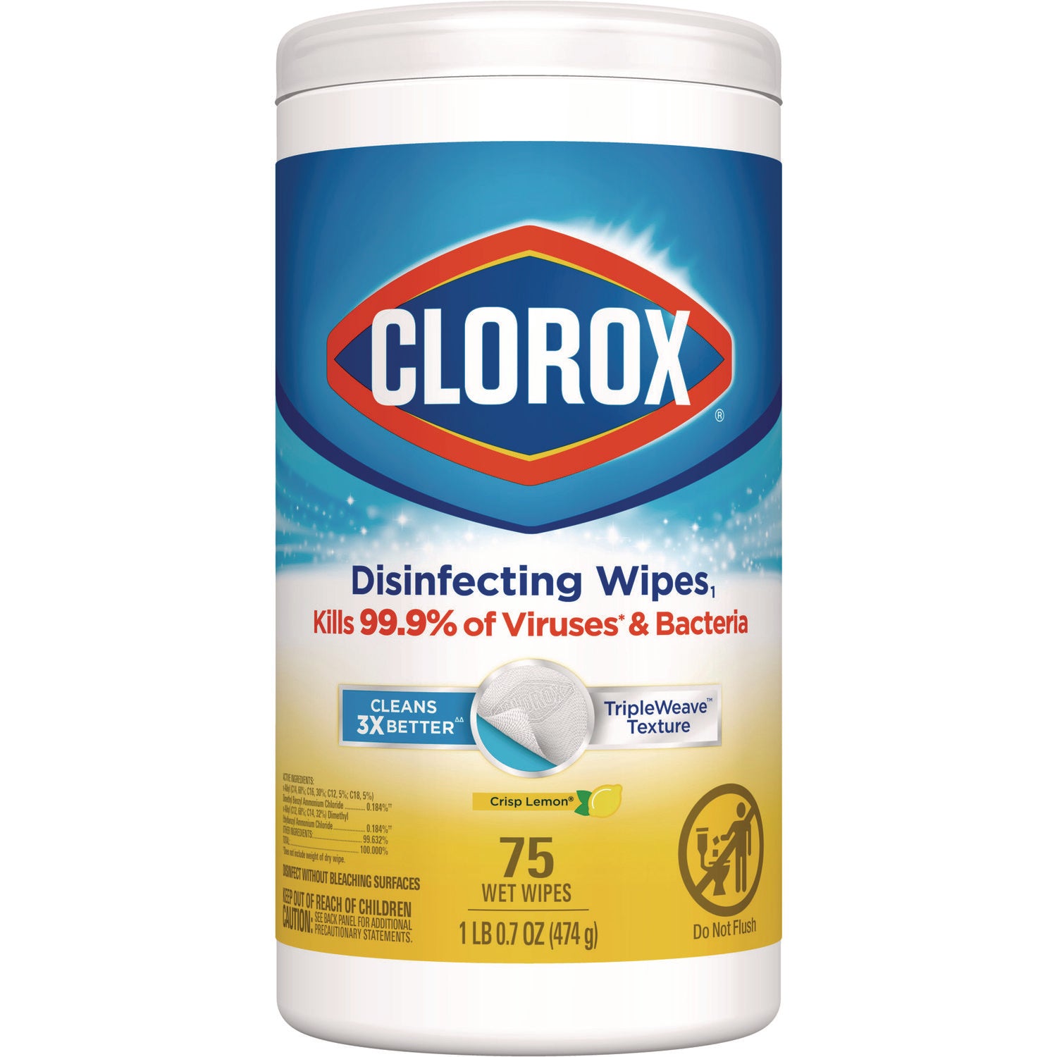 Clorox® Disinfecting Wipes, 1-Ply, 7 x 7.75, Crisp Lemon, White, 75/Canister, 6 Canisters/Carton