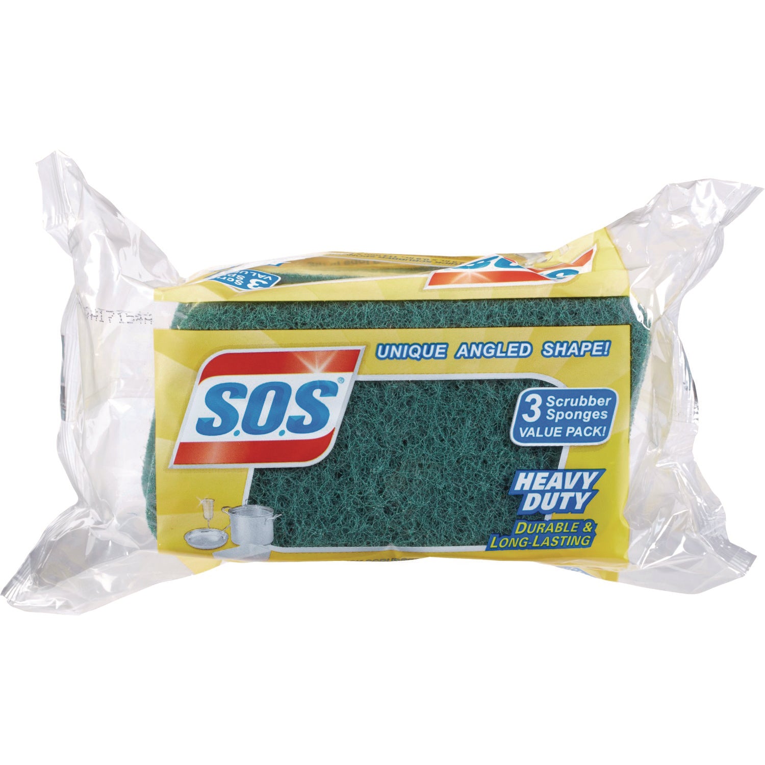 S.O.S.® Heavy Duty Scrubber Sponge, 2.5 x 4.5, 0.9" Thick, Yellow/Green, 3/Pack, 8 Packs/Carton