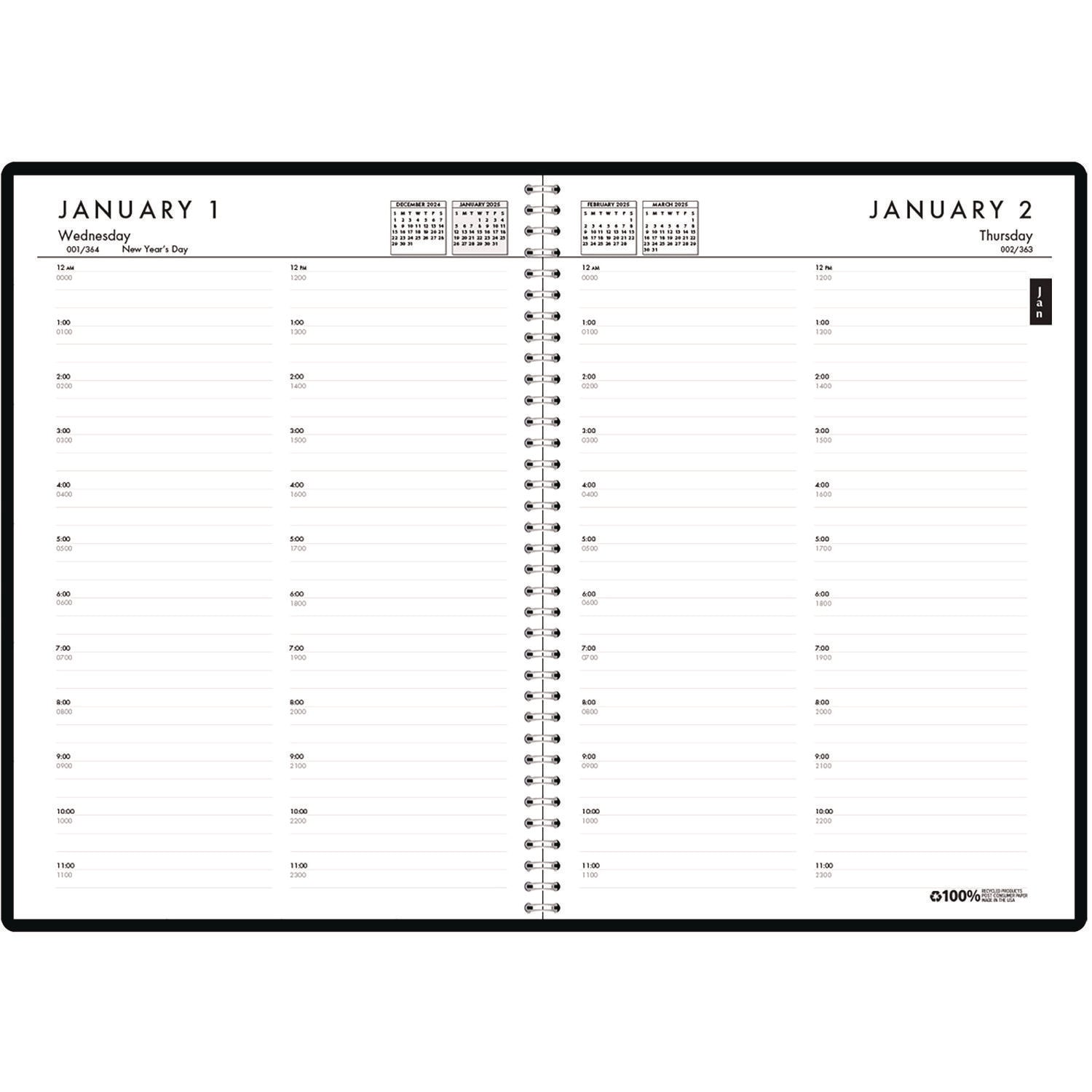 House of Doolittle™ 24/7 Recycled Daily Appointment Book/Monthly Planner, 10 x 7, Black Cover, 12-Month (Jan to Dec): 2025