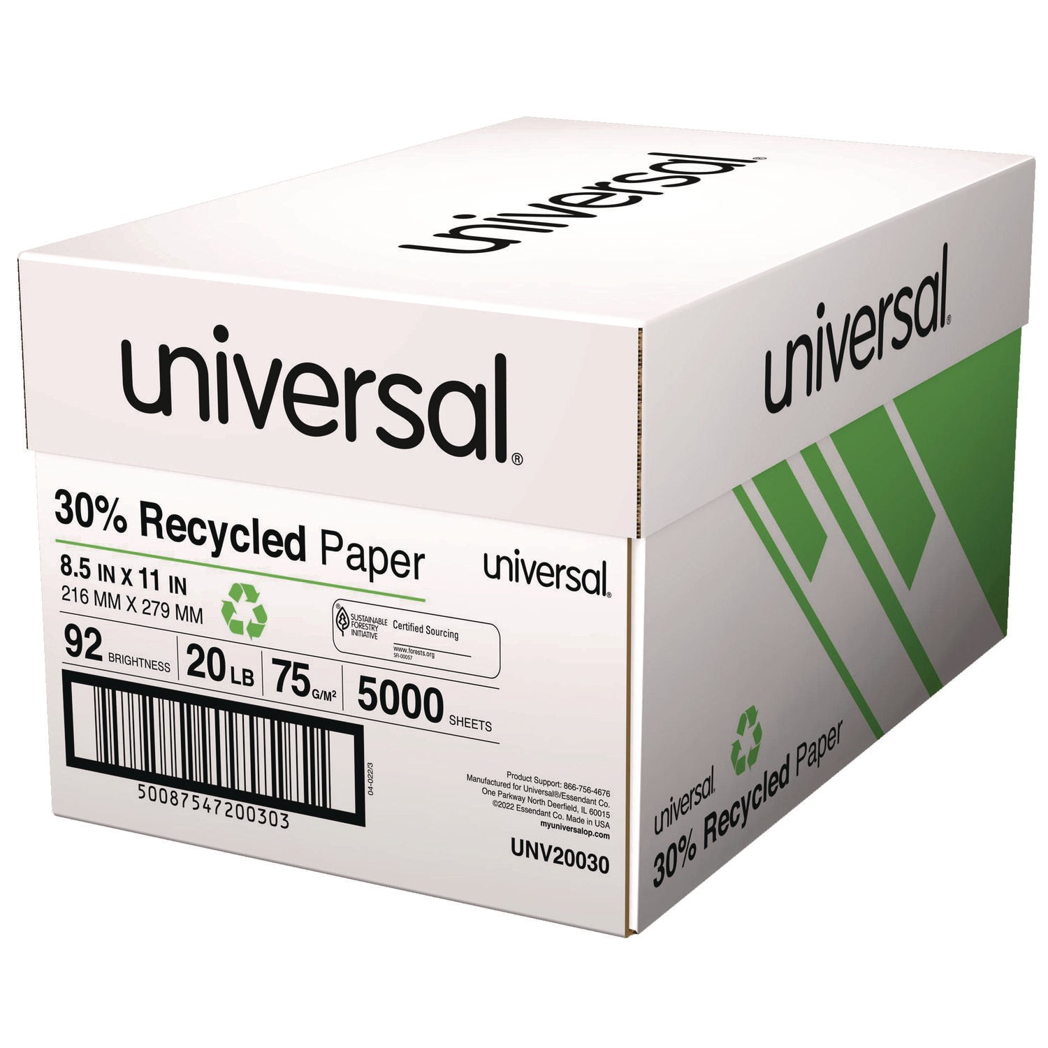 Universal® 30% Recycled Copy Paper, 92 Bright, 20 lb Bond Weight, 8.5 x 11, White, 500 Sheets/Ream, 10 Reams/Carton, 40 Cartons/Pallet