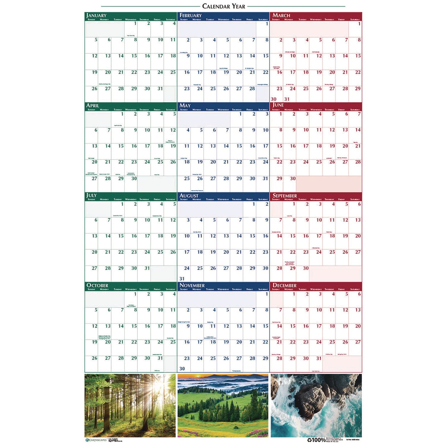 House of Doolittle™ Earthscapes Recycled Reversible/Erasable Yearly Wall Calendar, Nature Photos, 24 x 37, White Sheets, 12-Month (Jan-Dec): 2025