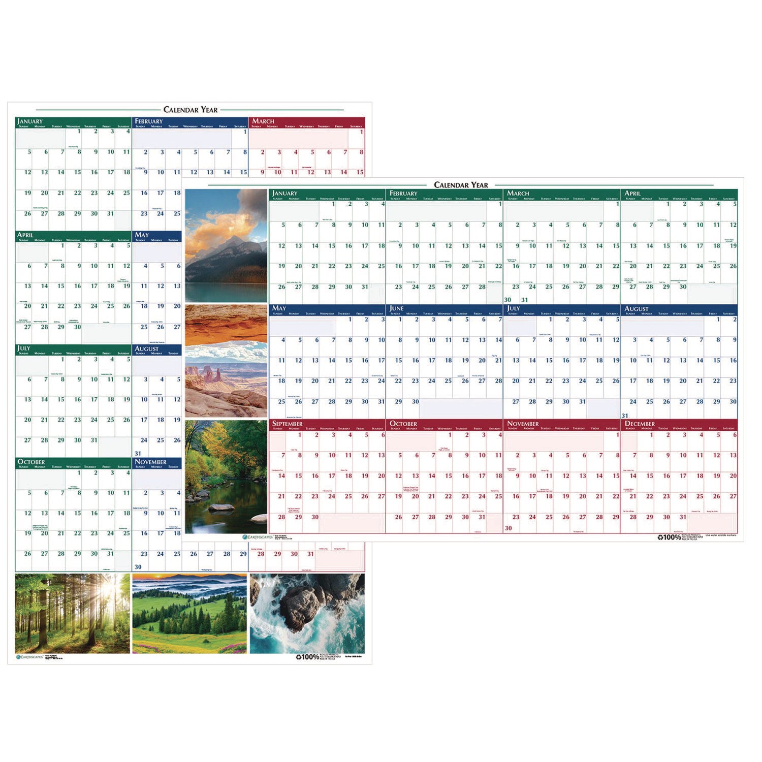 Earthscapes Recycled Reversible/Erasable Yearly Wall Calendar, Nature Photos, 18 x 24, White Sheets, 12-Month (Jan-Dec): 2025