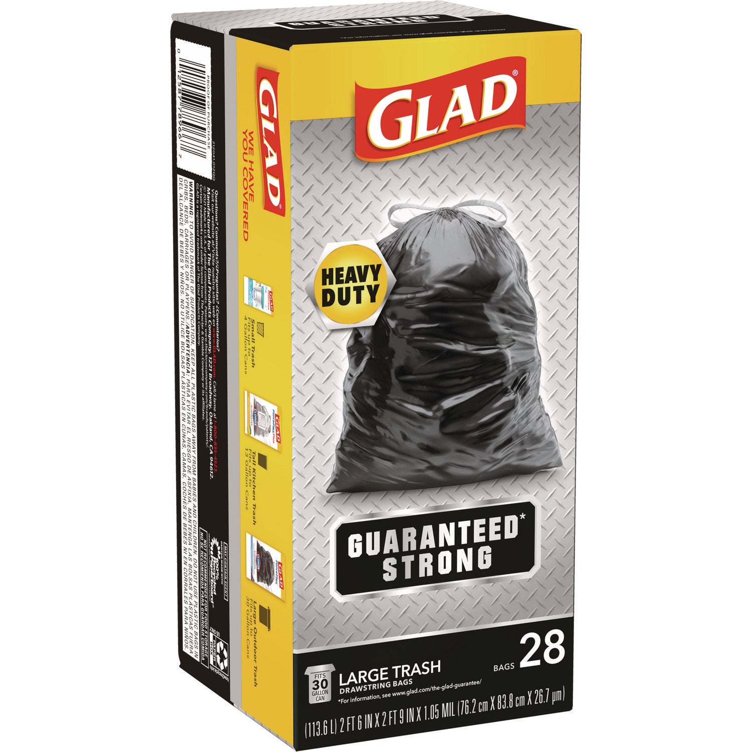 Glad® Guaranteed Strong Large Drawstring Trash Bags, Three-Ply, 30 gal, 1.05 mil, 30 x 33, Black, 28 Bags/Box, 6 Boxes/Carton