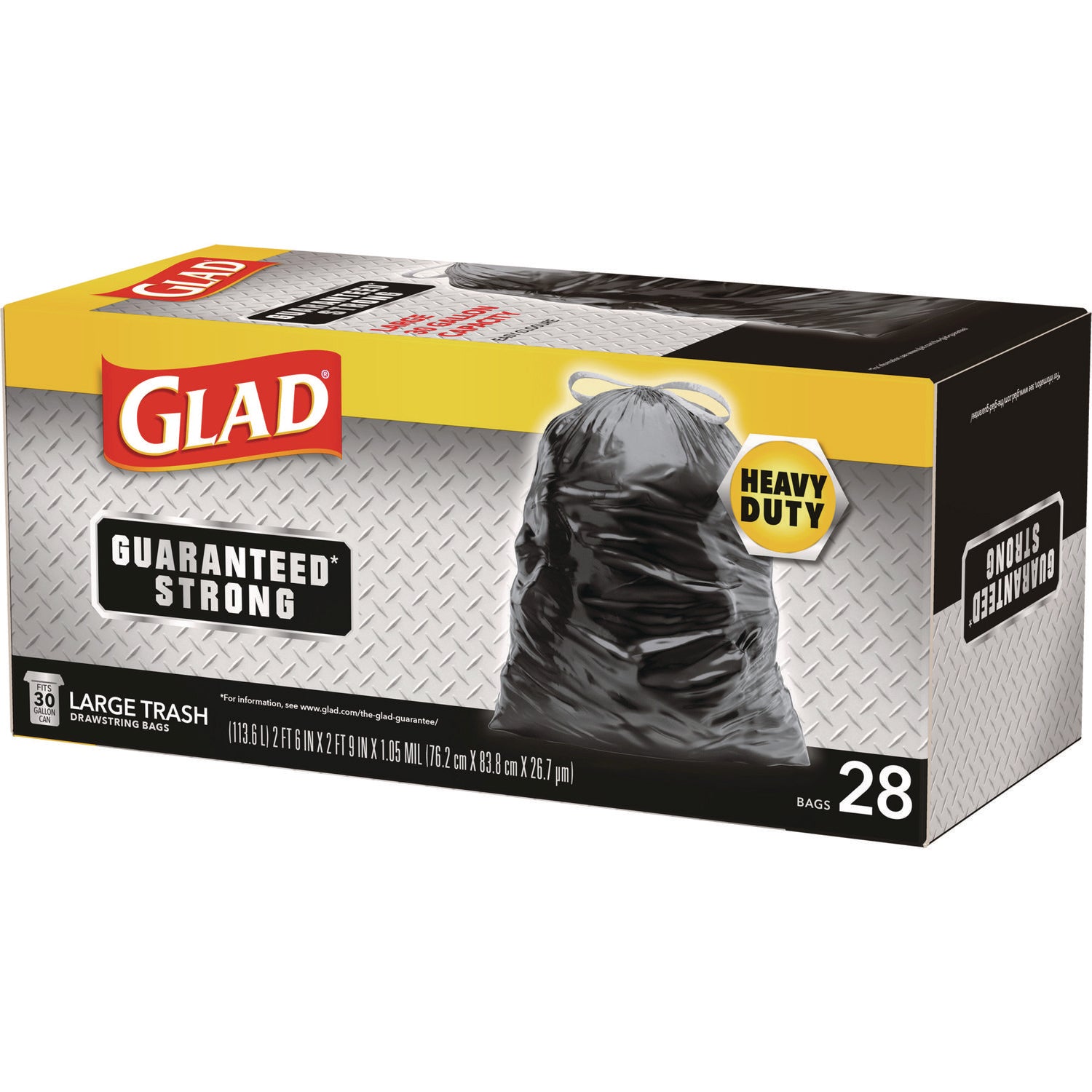 Glad® Guaranteed Strong Large Drawstring Trash Bags, Three-Ply, 30 gal, 1.05 mil, 30 x 33, Black, 28 Bags/Box, 6 Boxes/Carton