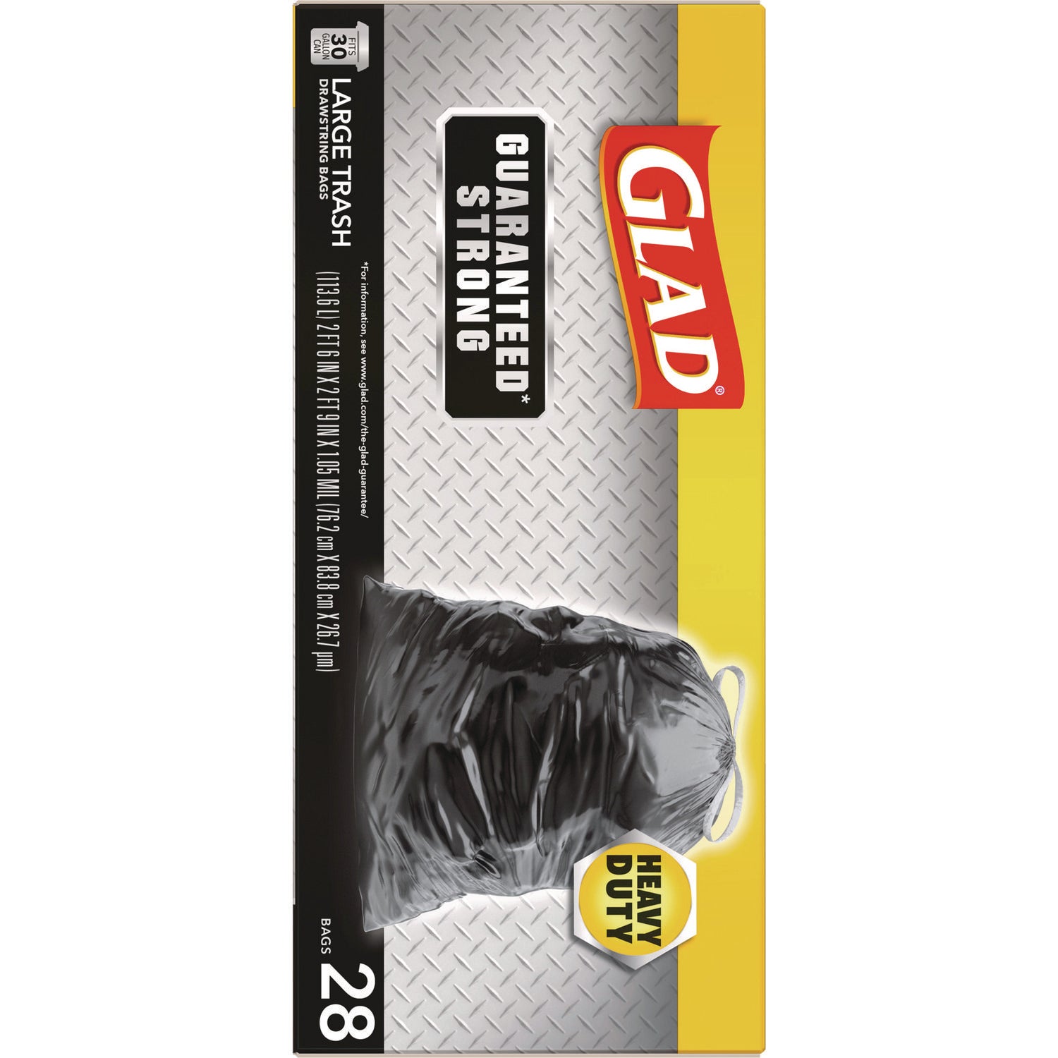 Glad® Guaranteed Strong Large Drawstring Trash Bags, Three-Ply, 30 gal, 1.05 mil, 30 x 33, Black, 28/Box