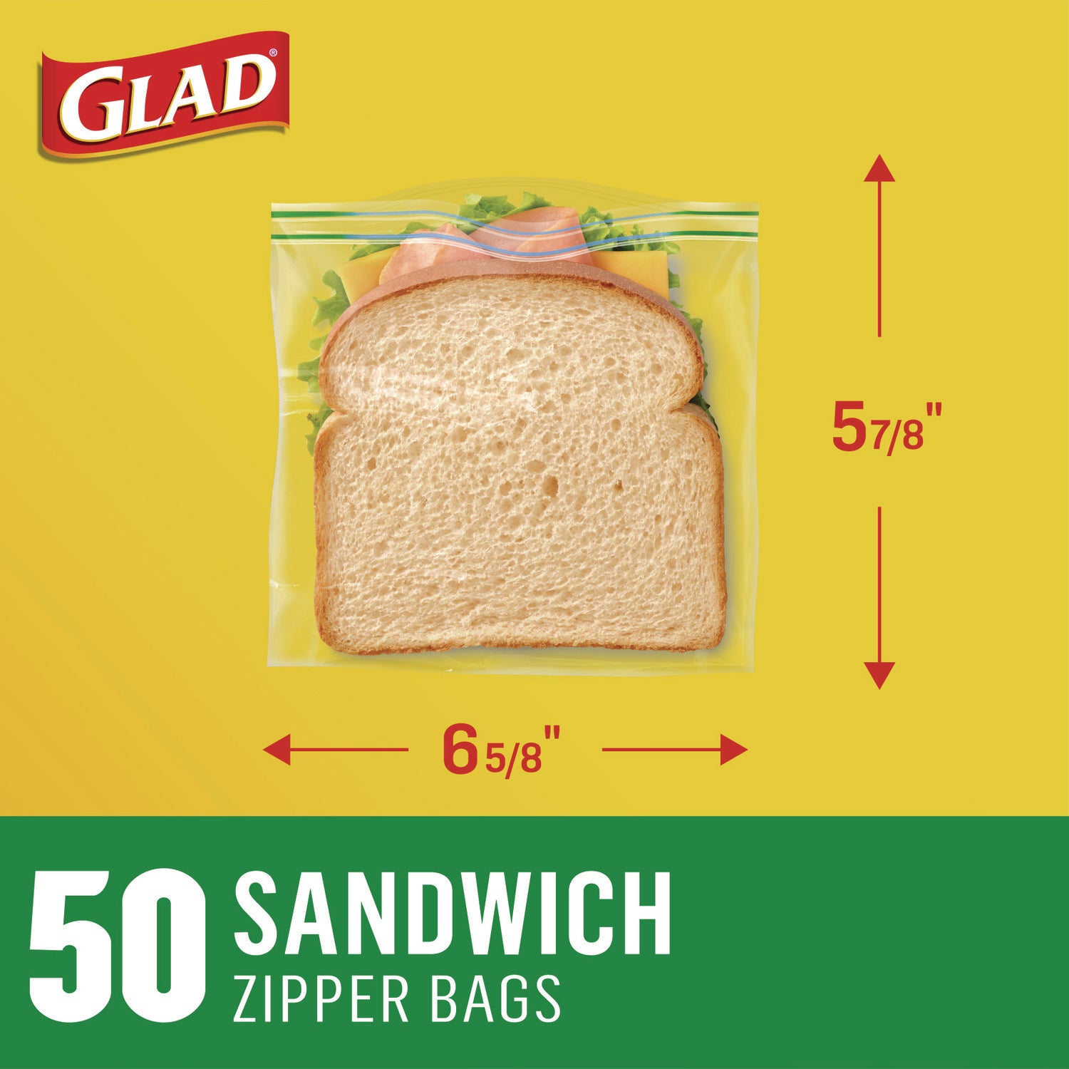 Glad® Zipper Food Storage Sandwich Bags, 6.63 x 5.88, Clear, 50 Bags/Box, 12 Boxes/Carton