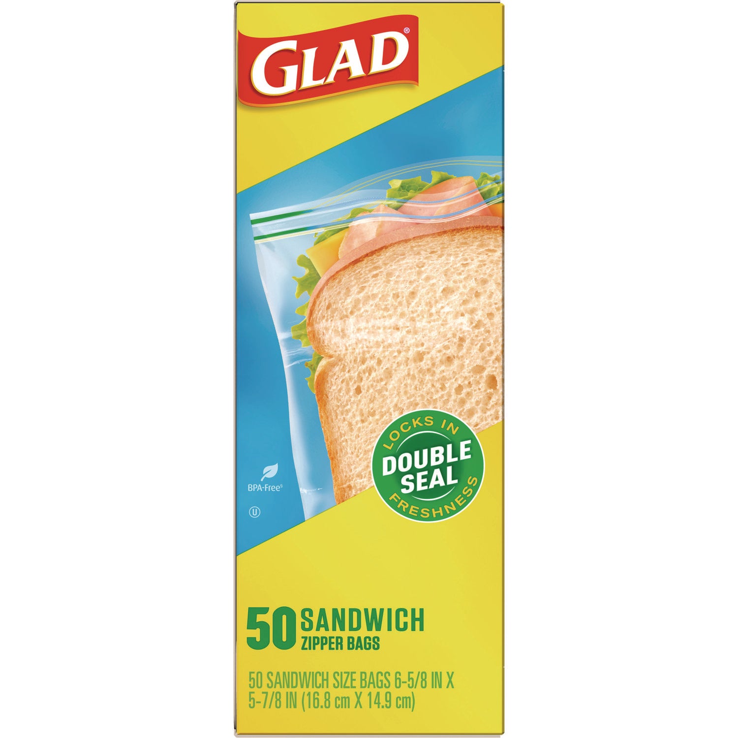 Glad® Zipper Food Storage Sandwich Bags, 6.63 x 5.88, Clear, 50 Bags/Box, 12 Boxes/Carton