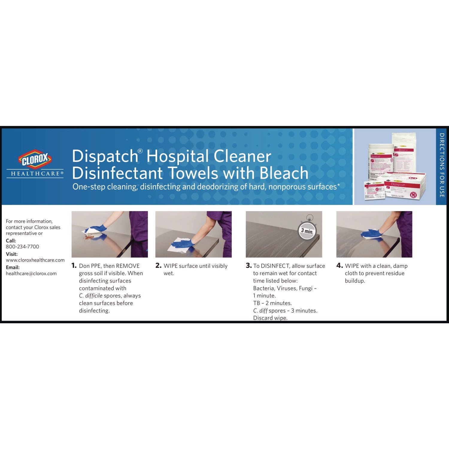 Clorox Healthcare® Dispatch Hospital Cleaner Disinfectant Towels w/Bleach, 1-Ply, 6.75 x 8, Unscented, White, 150/Canister, 8 Canisters/Carton