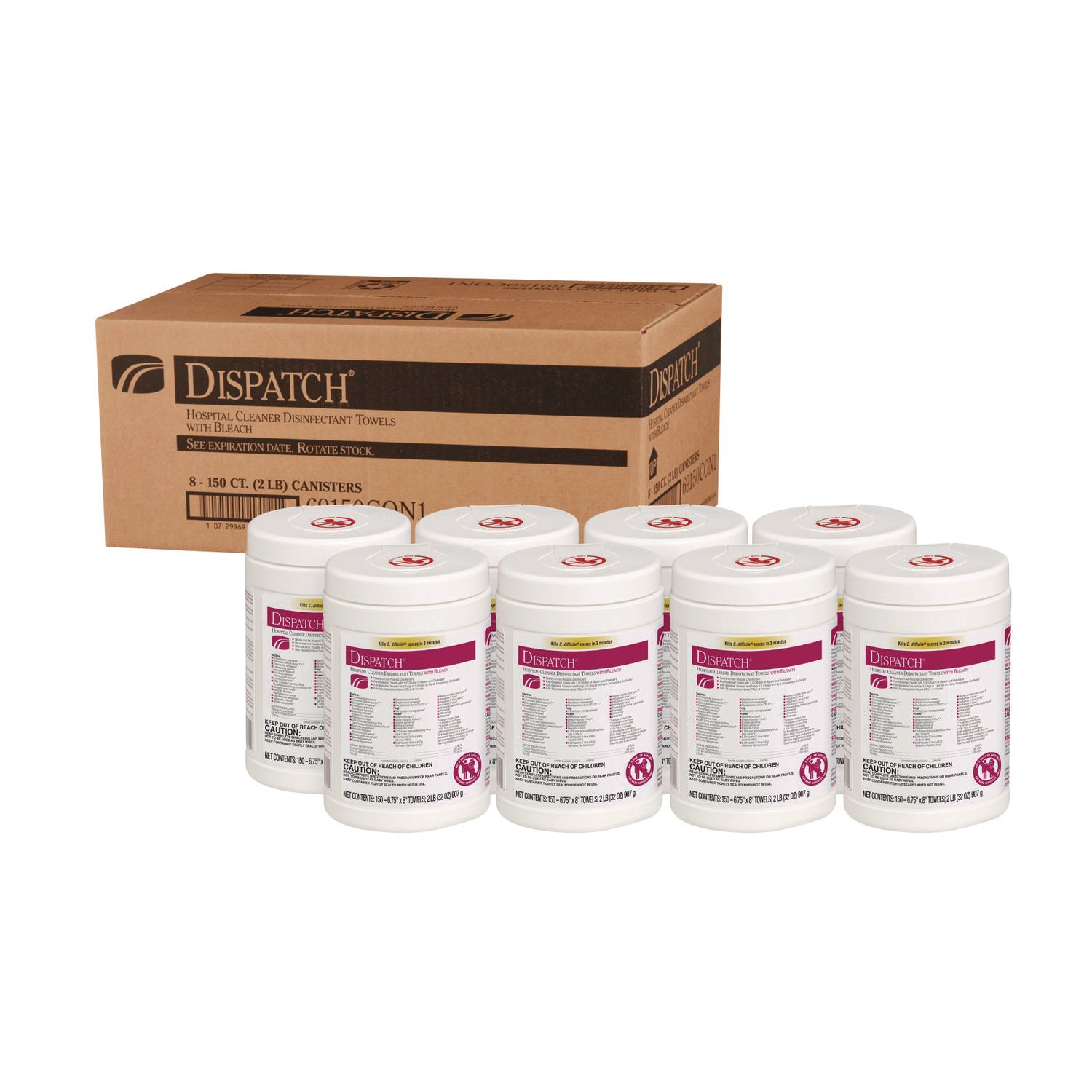 Clorox Healthcare® Dispatch Hospital Cleaner Disinfectant Towels w/Bleach, 1-Ply, 6.75 x 8, Unscented, White, 150/Canister, 8 Canisters/Carton