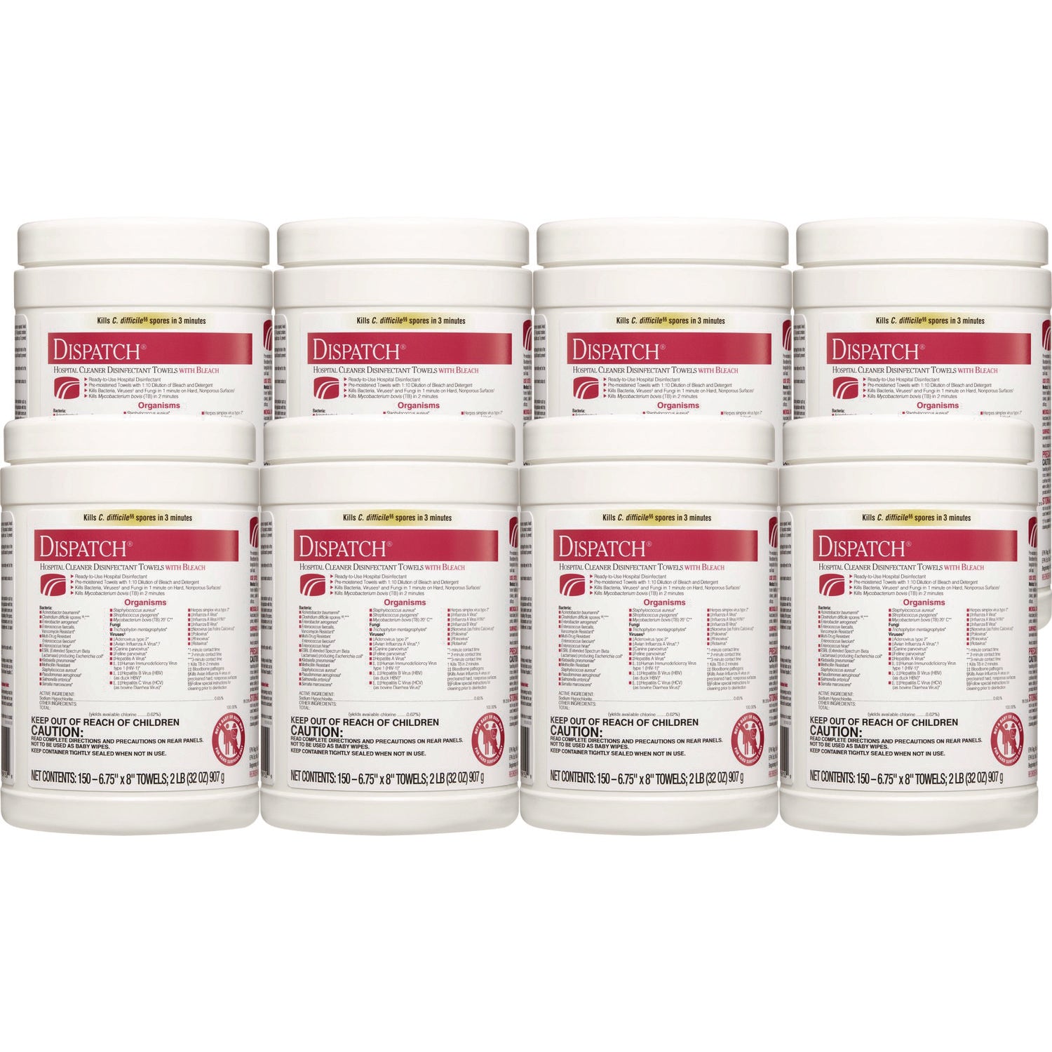 Dispatch Cleaner Disinfectant Towels, 1-Ply, 6.75 x 8, Unscented, White, 150/Canister, 8 Canisters/Carton