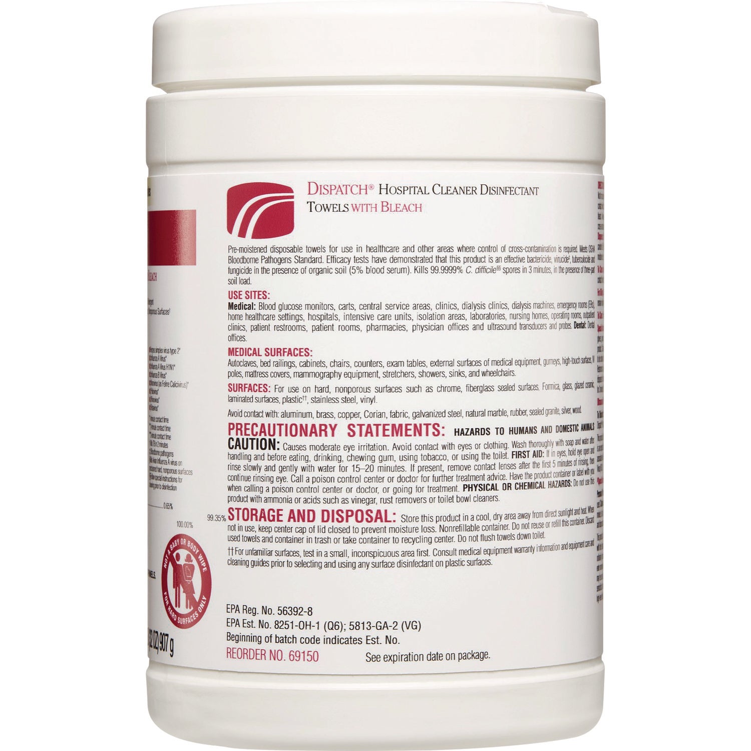 Clorox Healthcare® Dispatch Hospital Cleaner Disinfectant Towels with Bleach, 1-Ply, 6.75 x 8, Unscented, White, 150/Canister