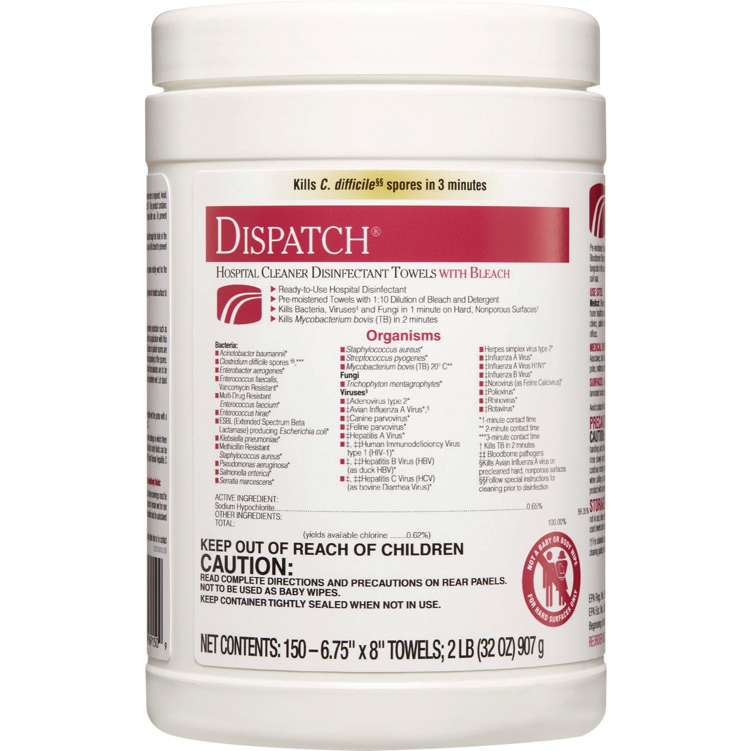 Dispatch Cleaner Disinfectant Towels, 1-Ply, 6.75 x 8, Unscented, White, 150/Canister
