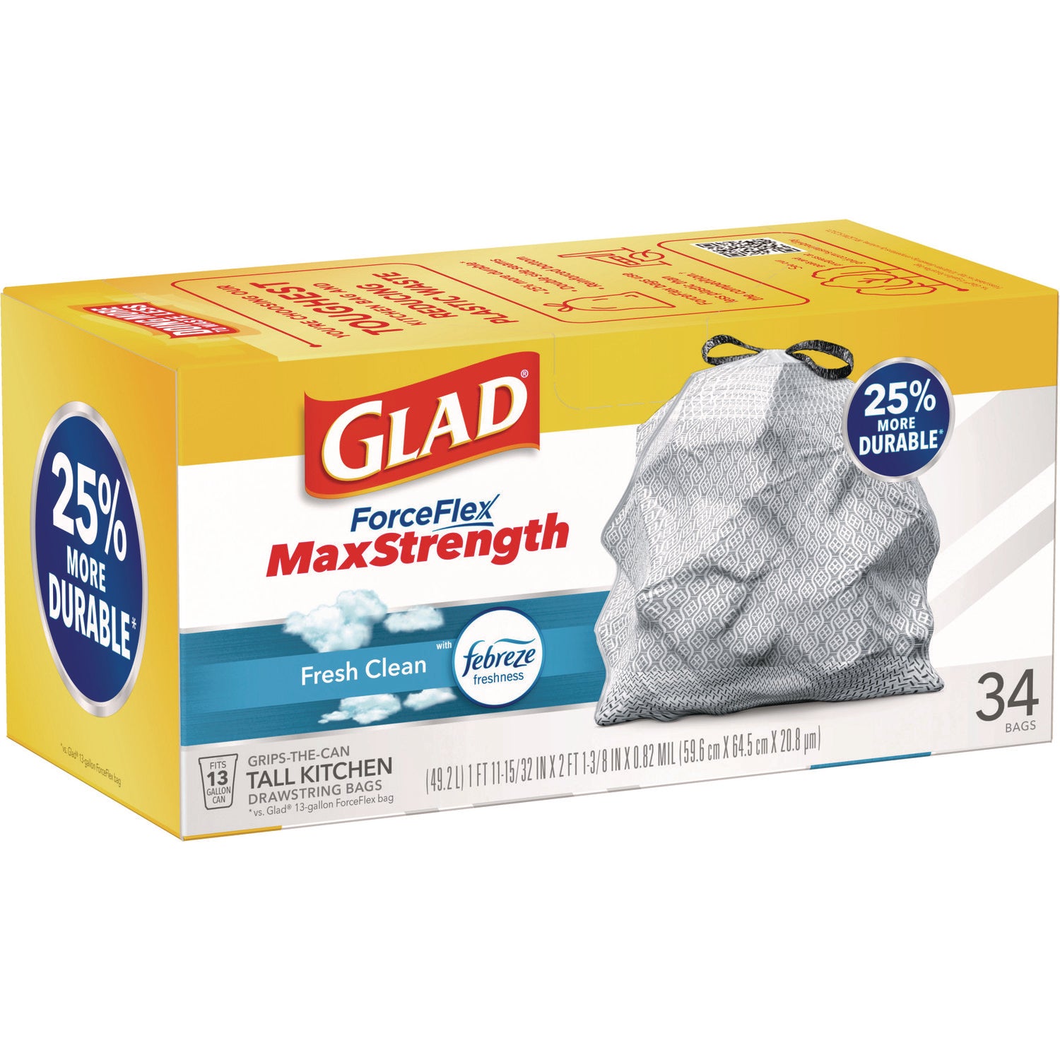 Glad® ForceFlex MaxStrength Tall Kitchen Drawstring Trash Bags, 13 gal, Fresh Clean Scent, 24 x 28, White, 34/Box, 6 Boxes/Carton