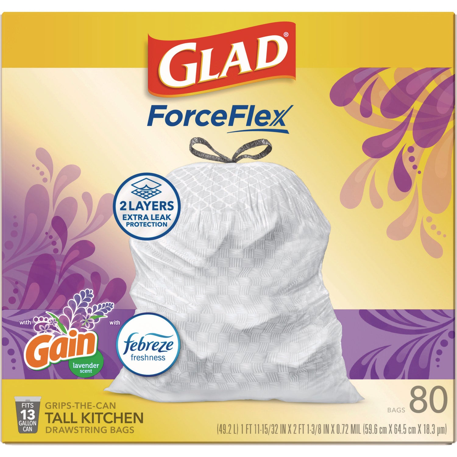 Glad® ForceFlex Kitchen Drawstring Trash Bags, 13 gal, Gain Lavender Scent, 24 x 27.38, White, 80 Bags/Box, 3 Boxes/Carton